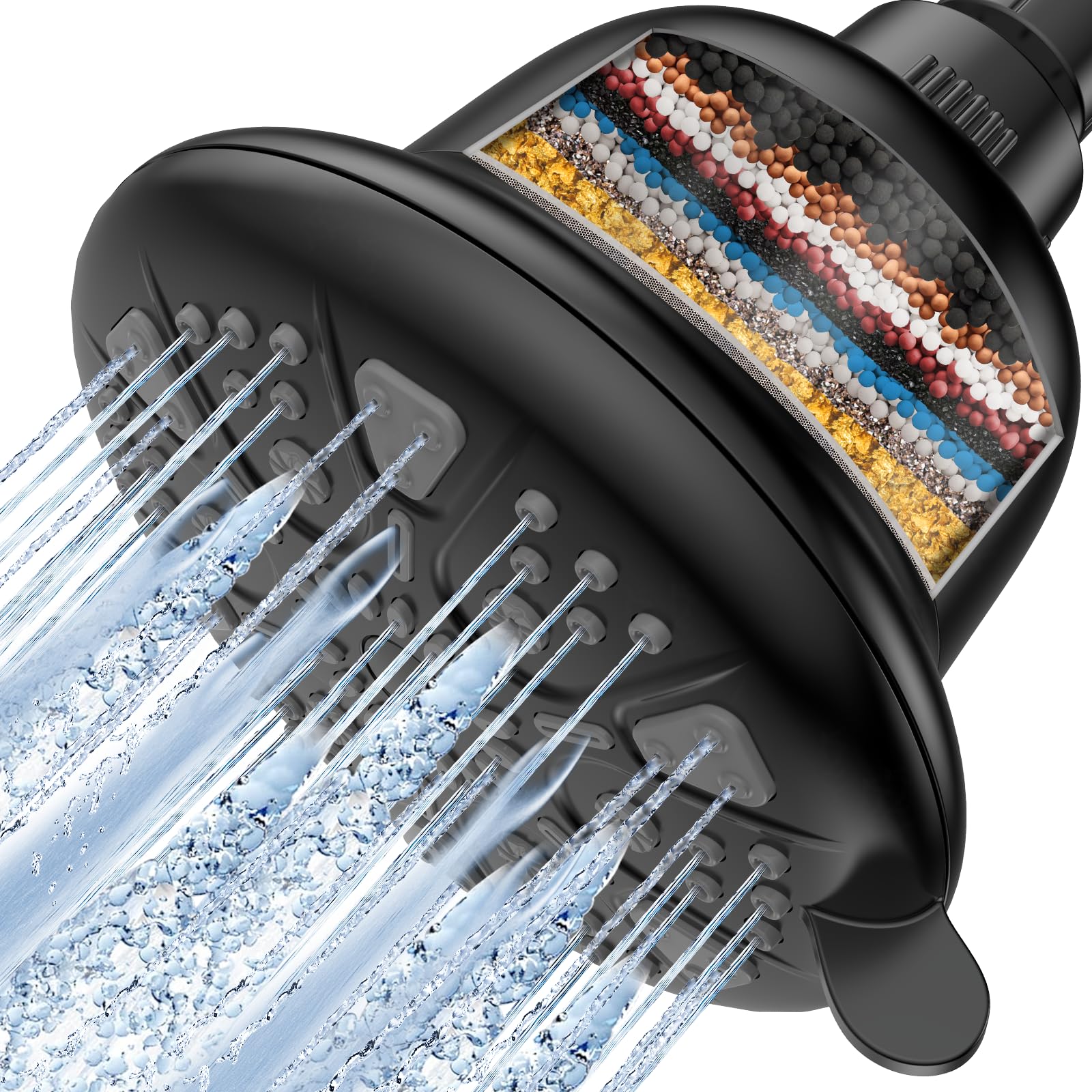 16-Stage Filtered Shower Head with Replaceable Cartridge - High Pressure 7 Spray Settings - Hard Water Shower Filter Removes Chlorine, Heavy Metals - Black - Perfect for Dry Skin & Hair Care, Sensitive Skin Protection, and Healthier Bathing Experience