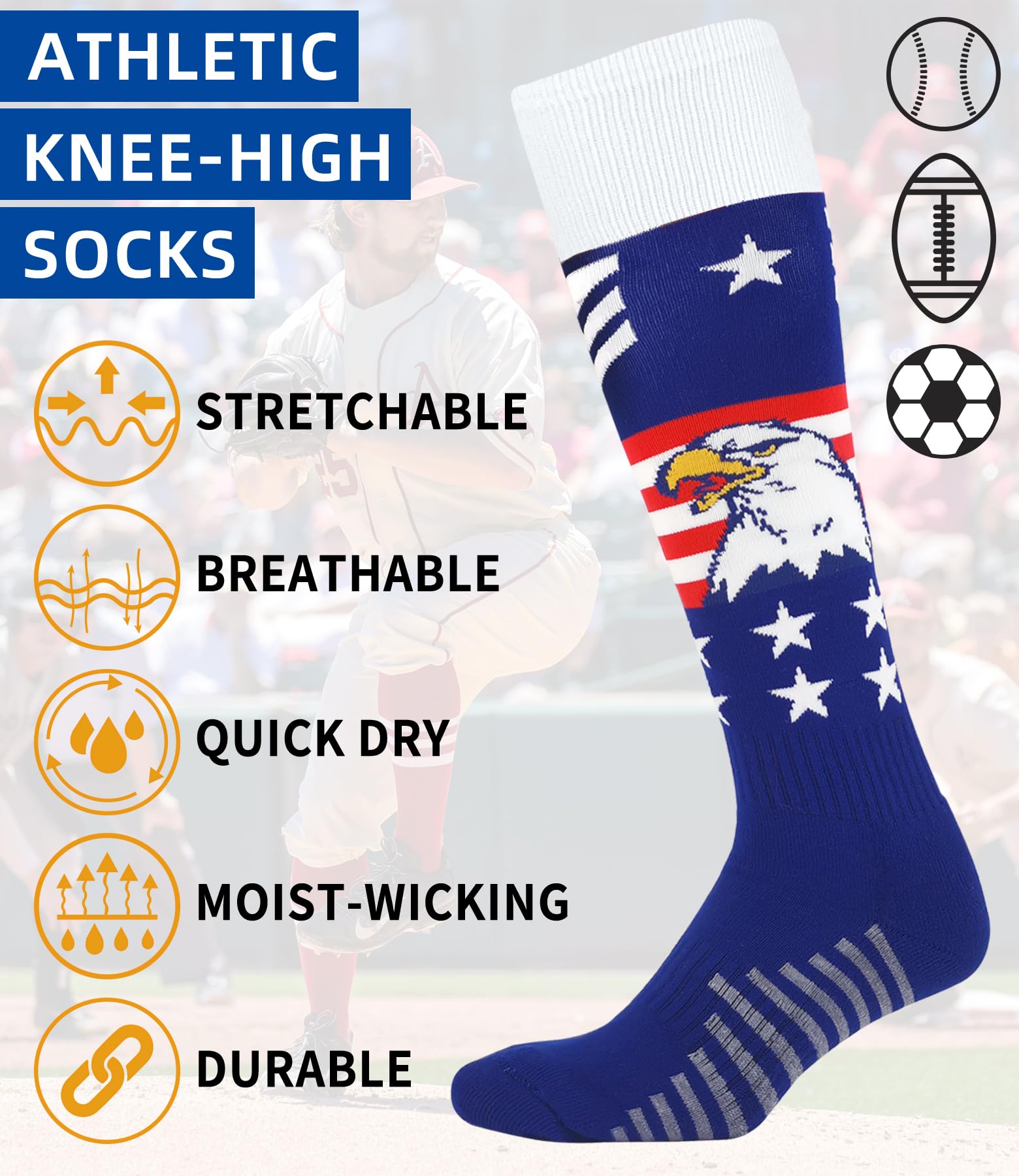 American Flag Eagle Knee High Socks - Athletic Over the Calf Compression Socks for Men & Youth Boys - Baseball, Softball, Football Sports Socks (Eagle 07-M) - Perfect for Game Day, Training & Patriotic Outfits