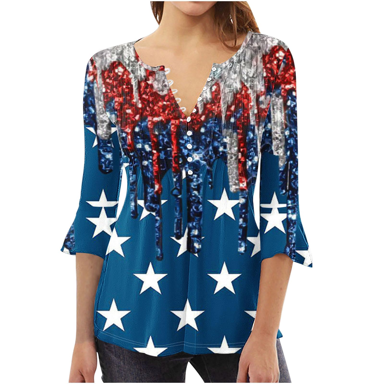 Women's American Flag T-Shirt - 3/4 Sleeve V-Neck Patriotic Blouse - Casual Button Down Tunic Top for 4th of July, Memorial Day & Everyday Wear
