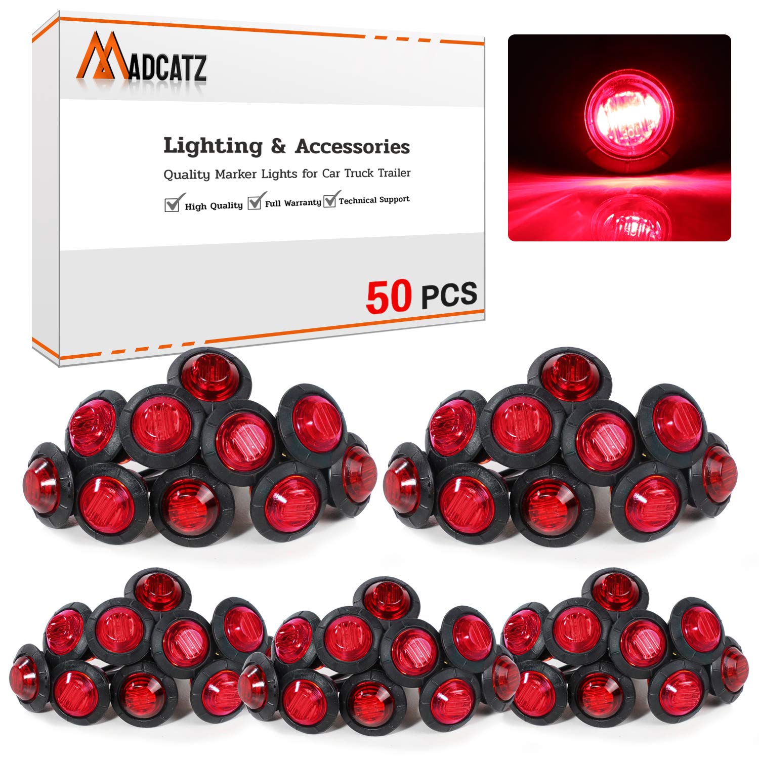 50 Pack 3/4 Inch Mini Round Red LED Side Marker Lights - 12V DC Waterproof Rubber Mount for Trucks, Buses, Boats & Trailers - Durable Signal Lights for Night Driving & Marine Safety