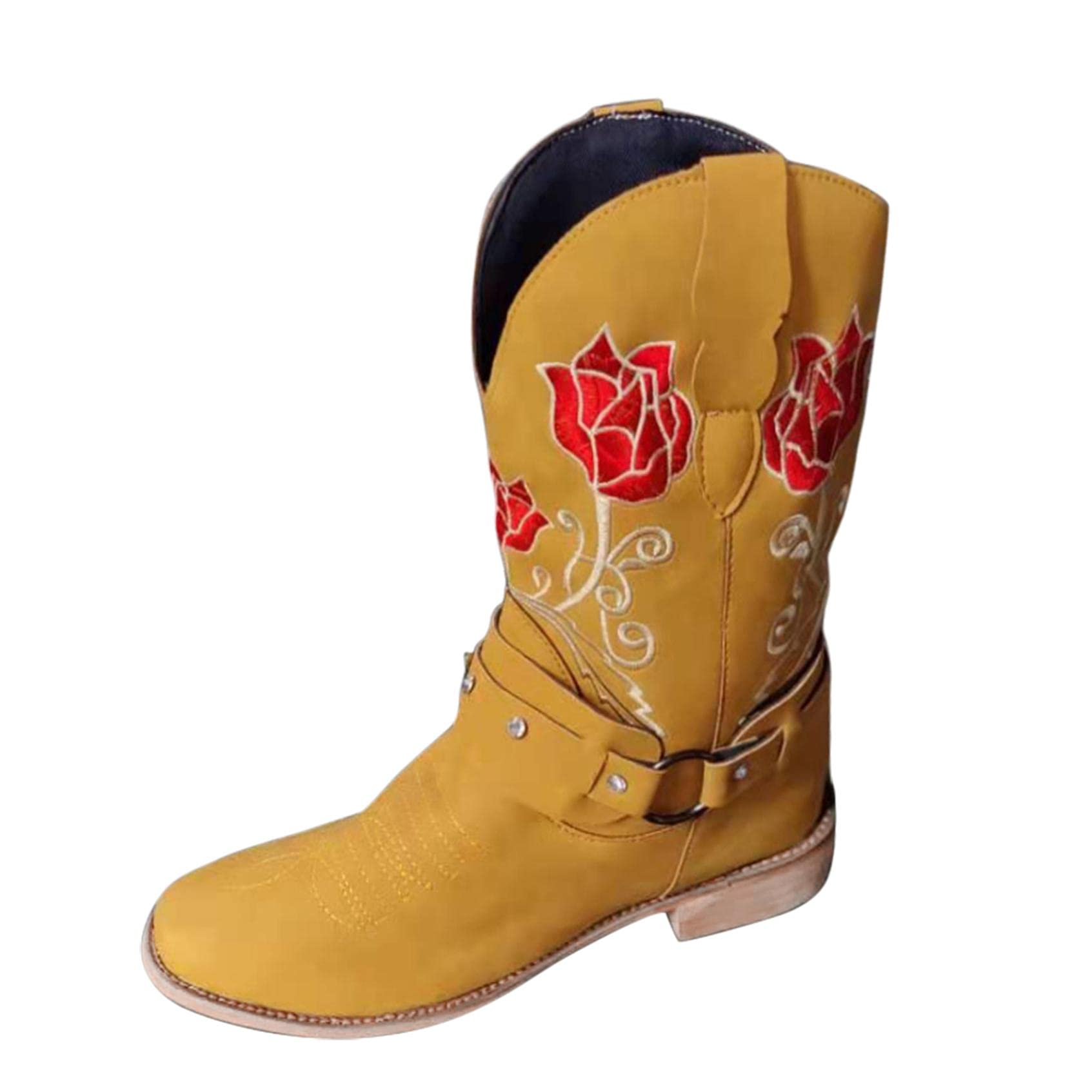 Women's Embroidered Ethnic Style Rhinestone Ankle Boots - Fashion Square Heel Booties with Belt Buckle for Casual Wear & Party Outfits