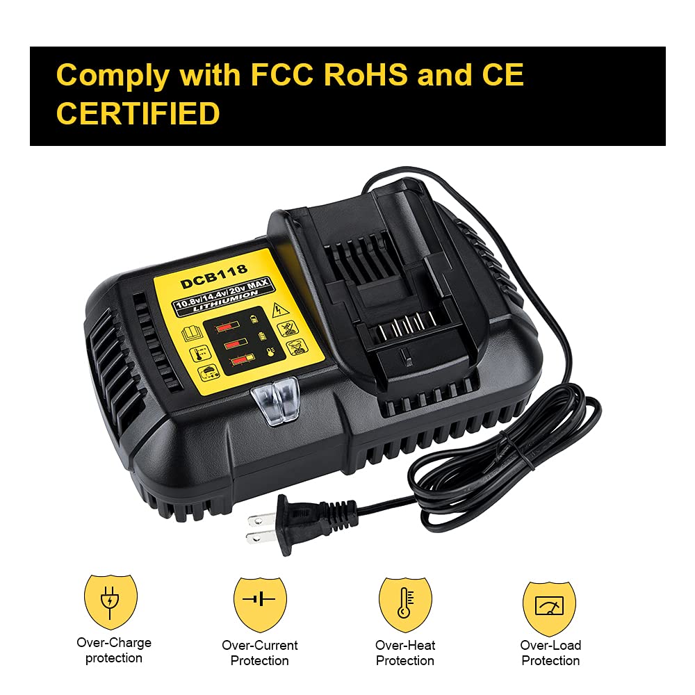 4.5A Fast Charger Station for Dewalt 20V/60V MAX Lithium-Ion Batteries - Replacement for DCB118, DCB115, DCB112, DCB107, DCB104 Chargers | Quick Charging for Power Tools, Drills, Saws & Outdoor Equipment