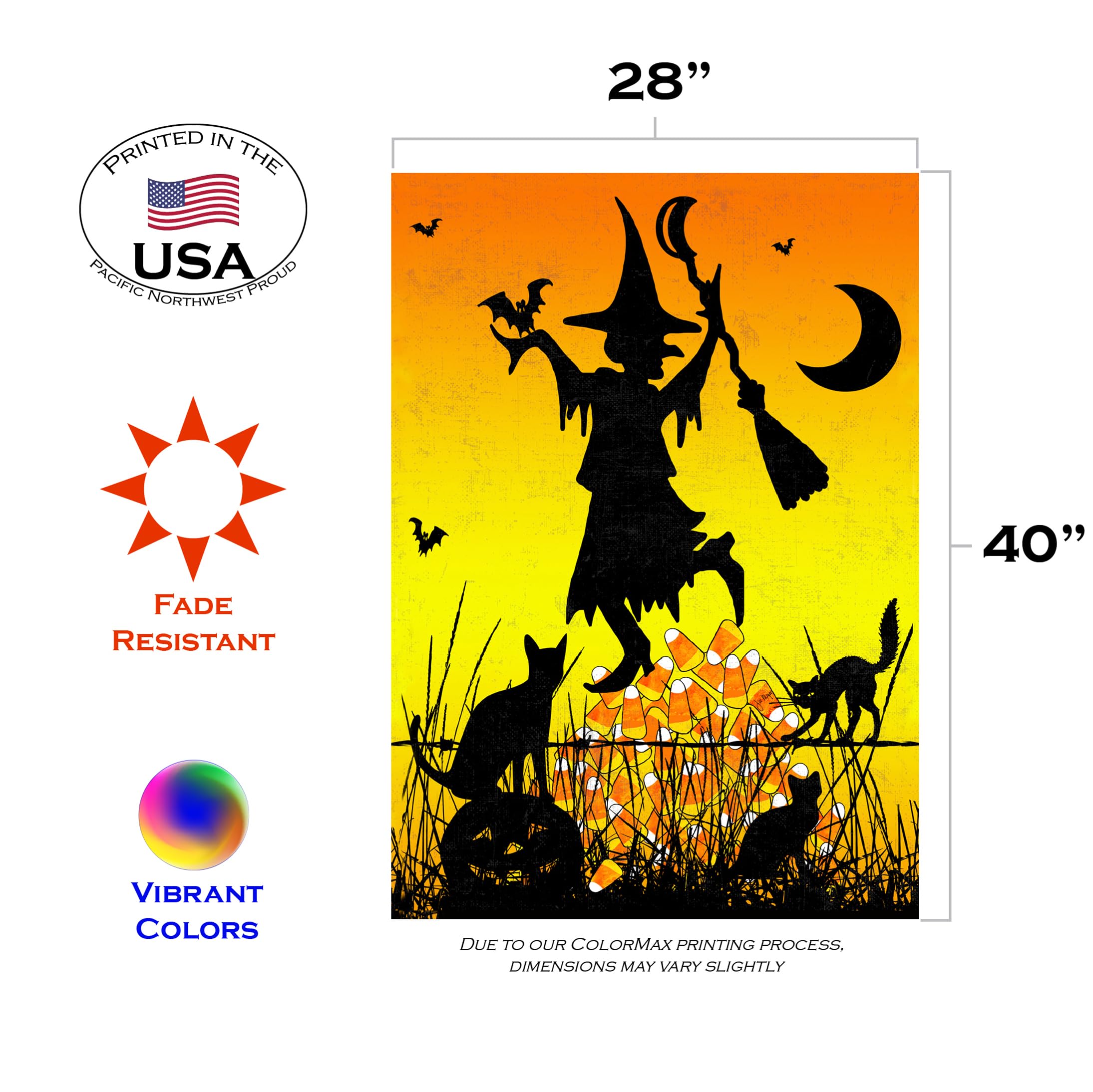 Toland Home Garden 109412 Candycorn Witch 28 x 40 Inch Halloween Decorative House Flag - Perfect for Outdoor Fall Decor & Front Yard Halloween Display
