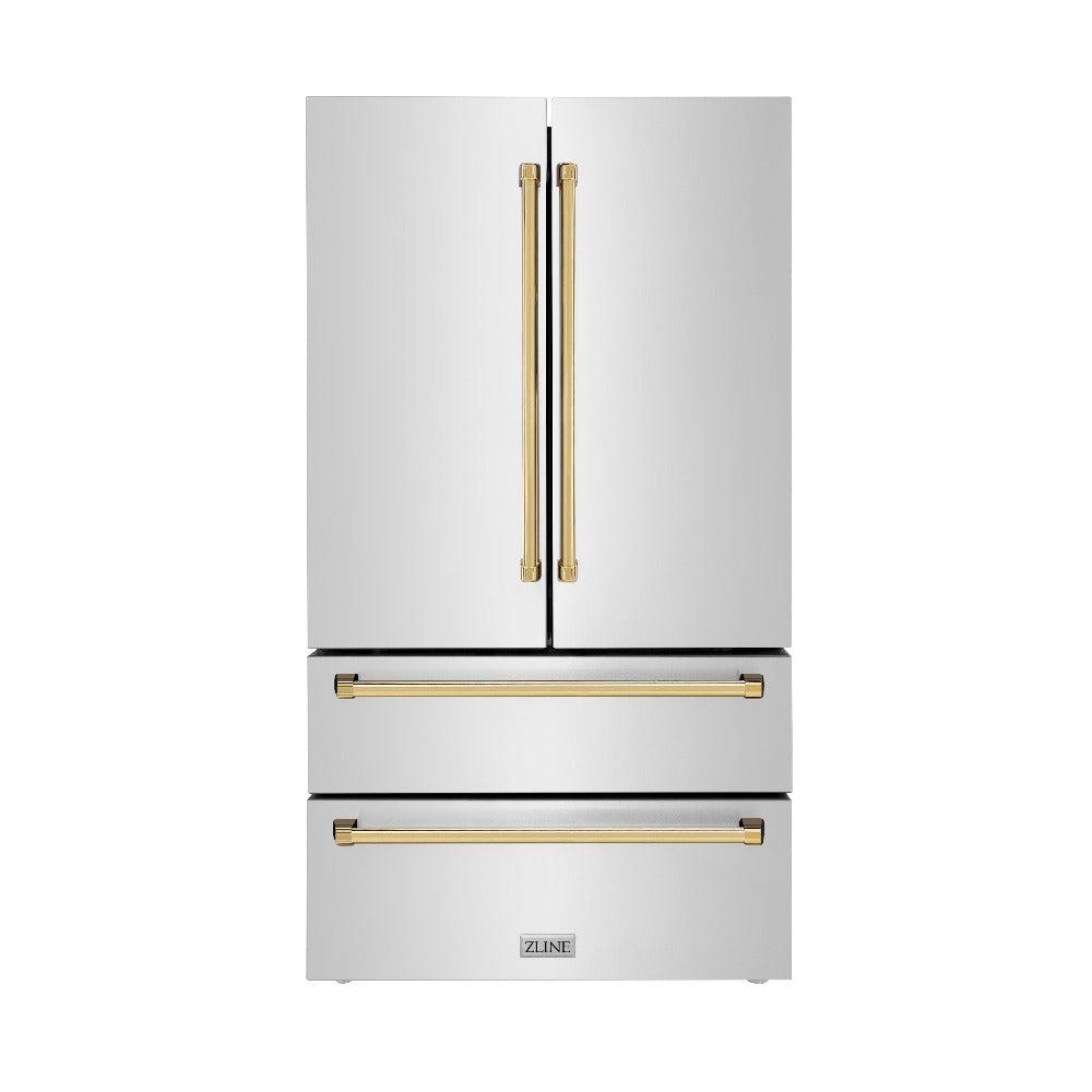 ZLINE Autograph Edition 36 Inch Counter Depth French Door Refrigerator - 22.5 cu ft Capacity with Ice Maker, Fingerprint Resistant Stainless Steel & Polished Gold Handles (RFMZ 36 G) - Perfect for Modern Kitchens & Open Concept Homes