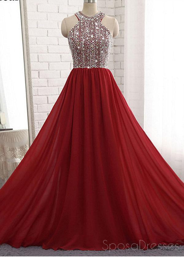 Elegant Dark Red Halter Chiffon Beaded A-Line Long Prom Dress for Evening Gowns & Custom Formal Events - Perfect for Prom Night, Homecoming, and Special Occasions