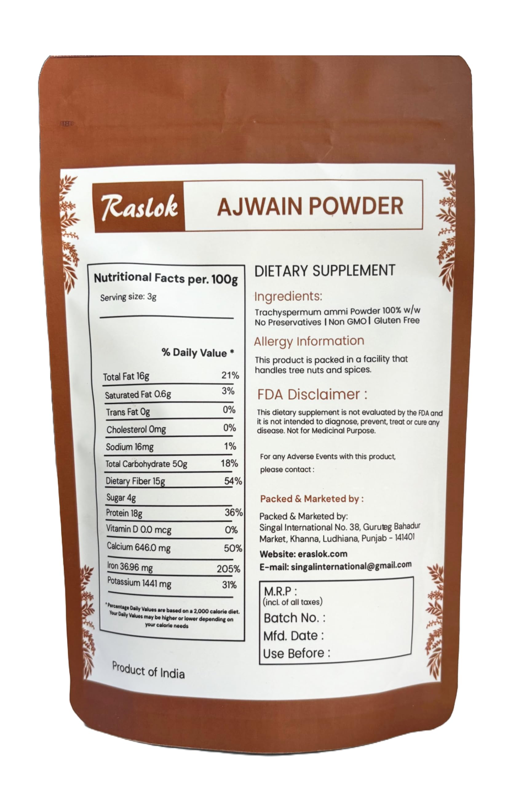 Organic Ajwain Powder (Carom Seed) - 3.52 oz | Trachyspermum Ammi | Premium Ajowan Powder for Digestion & Cooking | Perfect for Indian Cuisine, Tea & Home Remedies