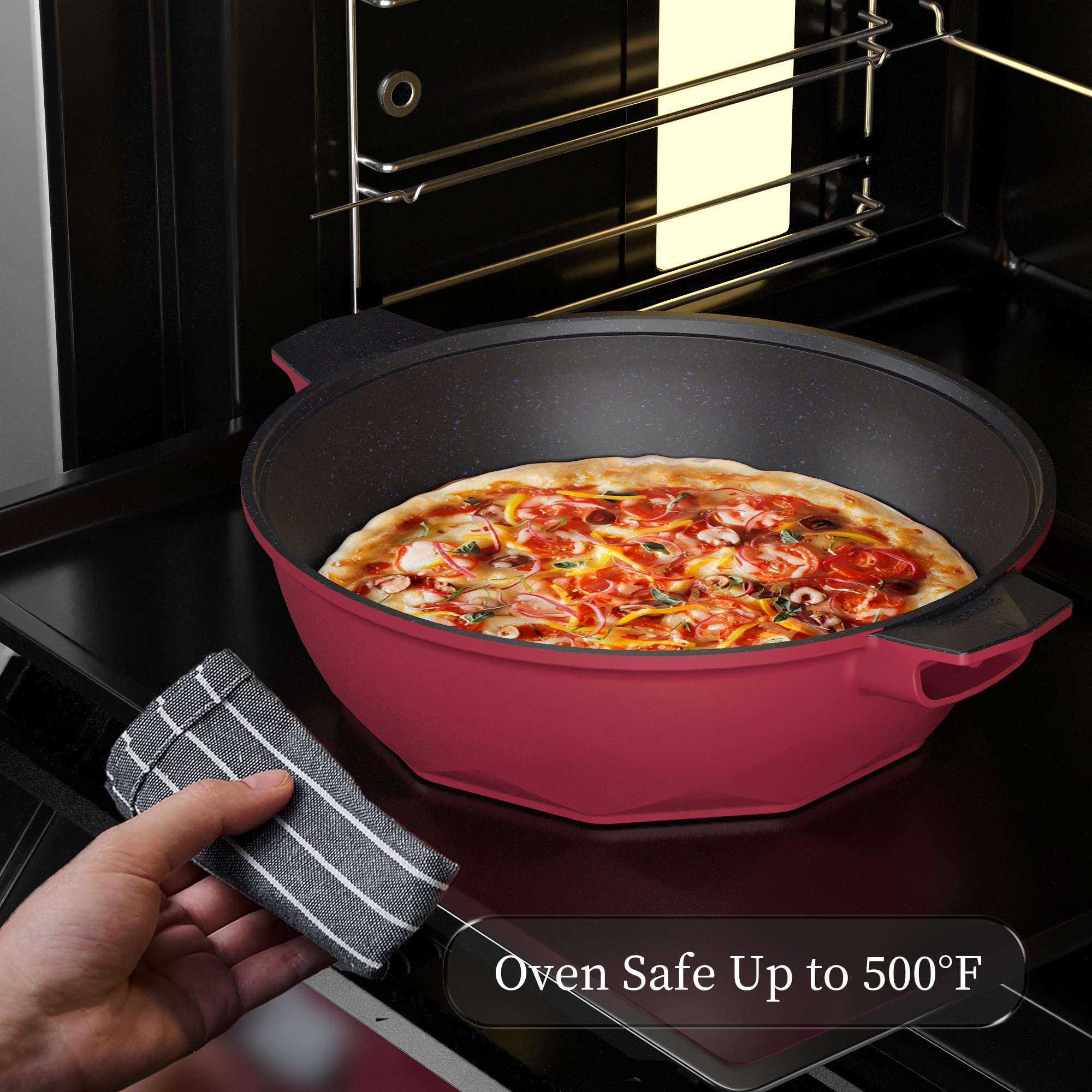 TIBORANG 8-in-1 Nonstick Deep Fry Pan with Glass Lid - 11 Inch 5 Quart Multi-Purpose Cookware with Heat Indicator, Stay-Cool Handle & Steamer Rack - PFOA-Free, Dishwasher & Oven Safe - Works with All Stovetops (Ruby Red) - Perfect for Frying, Steaming, Sautéing & Baking