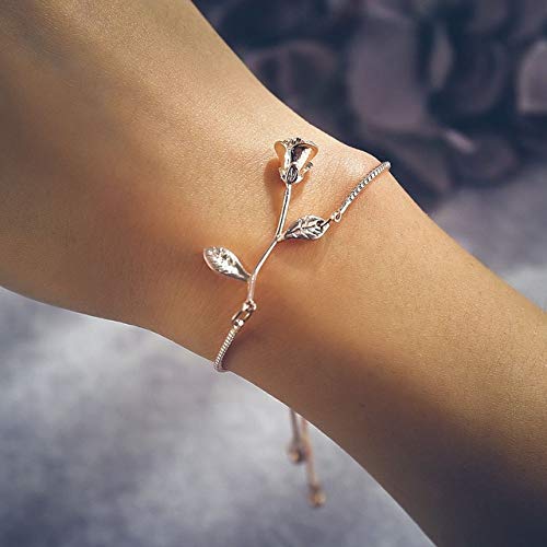 WLL Elegant 3D Red Rose Flower Charm Bracelet for Women | Beauty and The Beast Inspired Jewelry | Perfect Bridesmaid Gift & BFF Present | Romantic Date Night & Wedding Accessory