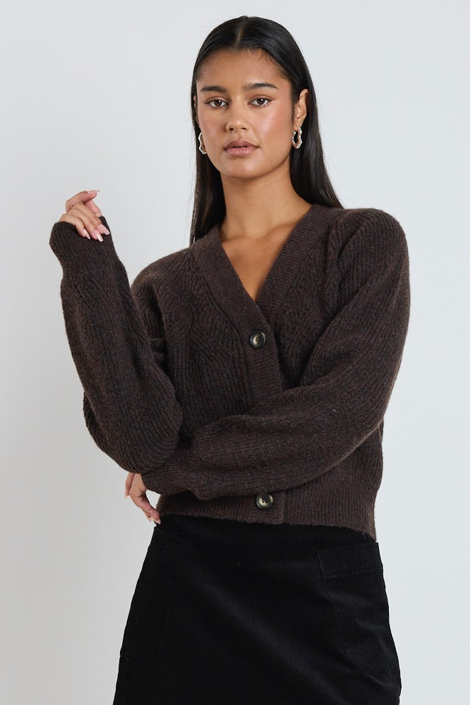 Essence Chocolate Brown Knit Cardigan for Women - Cozy Fall & Winter Sweater for Casual Outfits and Layering