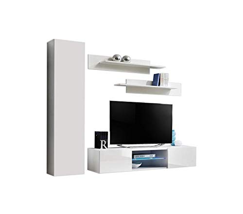 Modern White Wall-Mounted TV Stand with Storage Shelves & LED Lights - 33
