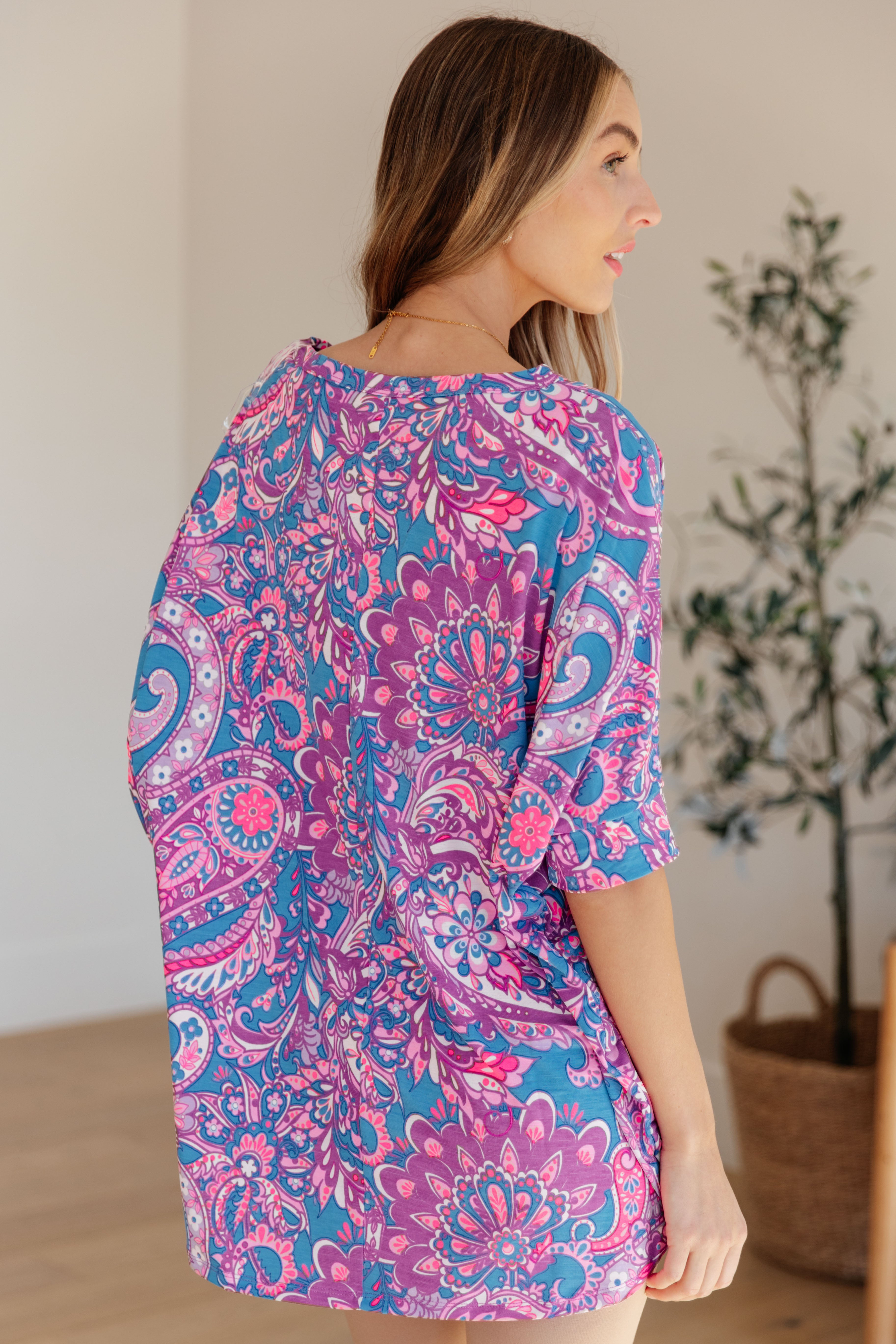 Dear Scarlett Women's Purple Paisley Print Essential Blouse - Elegant Long Sleeve Tops for Work, Office & Casual Wear