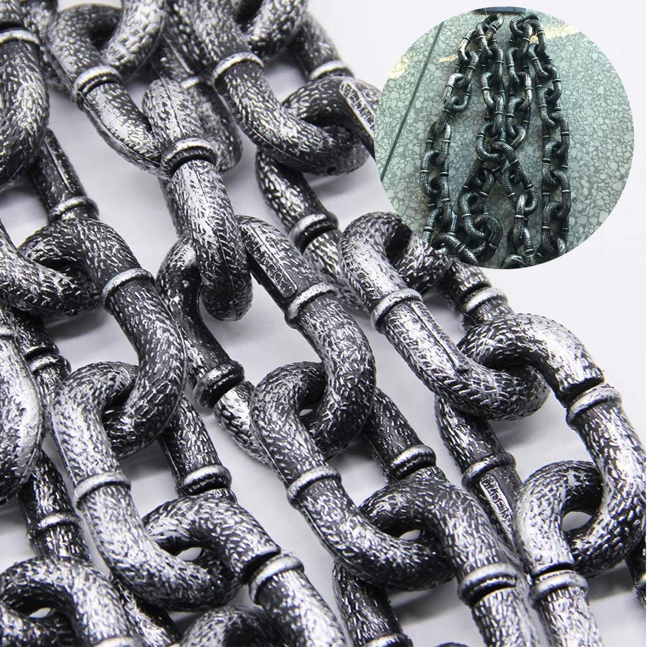 4.9ft Halloween Plastic Chains - Silver & Black Chain Links Shackles for Costume Accessories | Halloween Decorations | Party Supplies & Haunted House Props