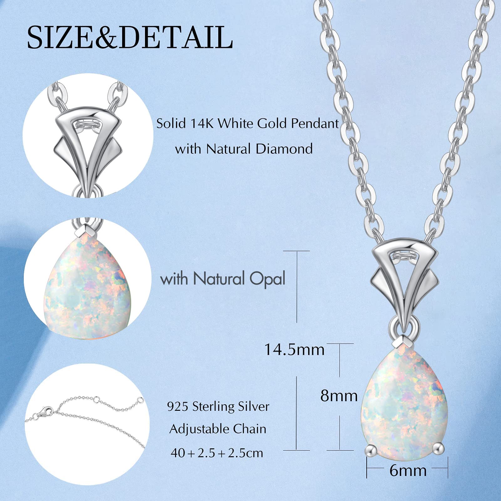 14K Solid White Gold Teardrop Pendant with Birthstone - Elegant Necklace for Women, Girls & Mom | 16