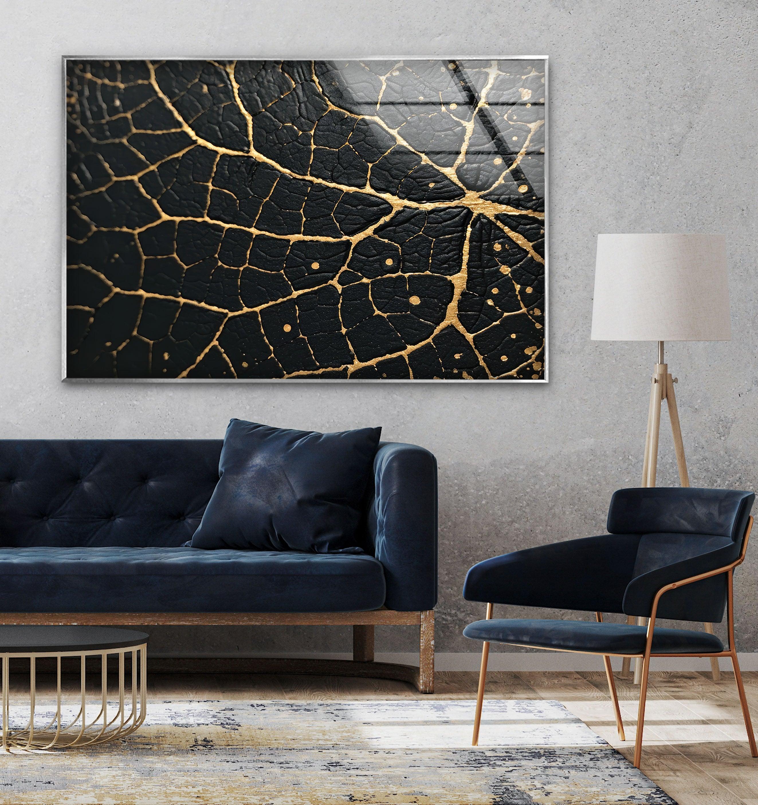 Black and Gold Abstract Glass Wall Art - Modern Home Decor for Living Room, Bedroom & Office - Elegant Handmade Glass Painting for Stylish Interiors