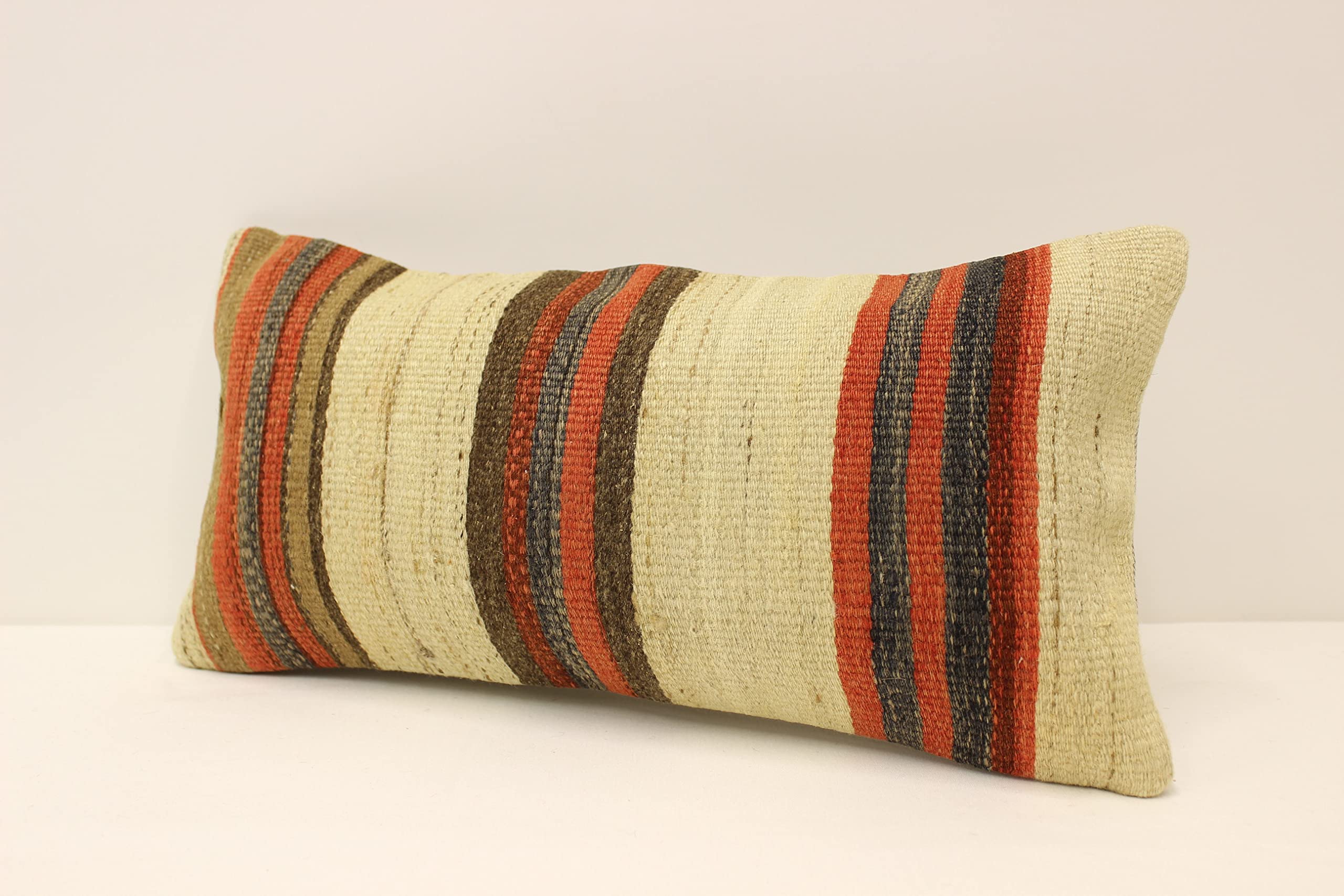 Turkish Kilim Pillow Cover 10x20 Inches (25x50 cm) - Handwoven Blue Yellow Red Decorative Throw Cushion for Sofa, Bed, Chair - Bohemian Home Decor & Lumbar Support Pillow