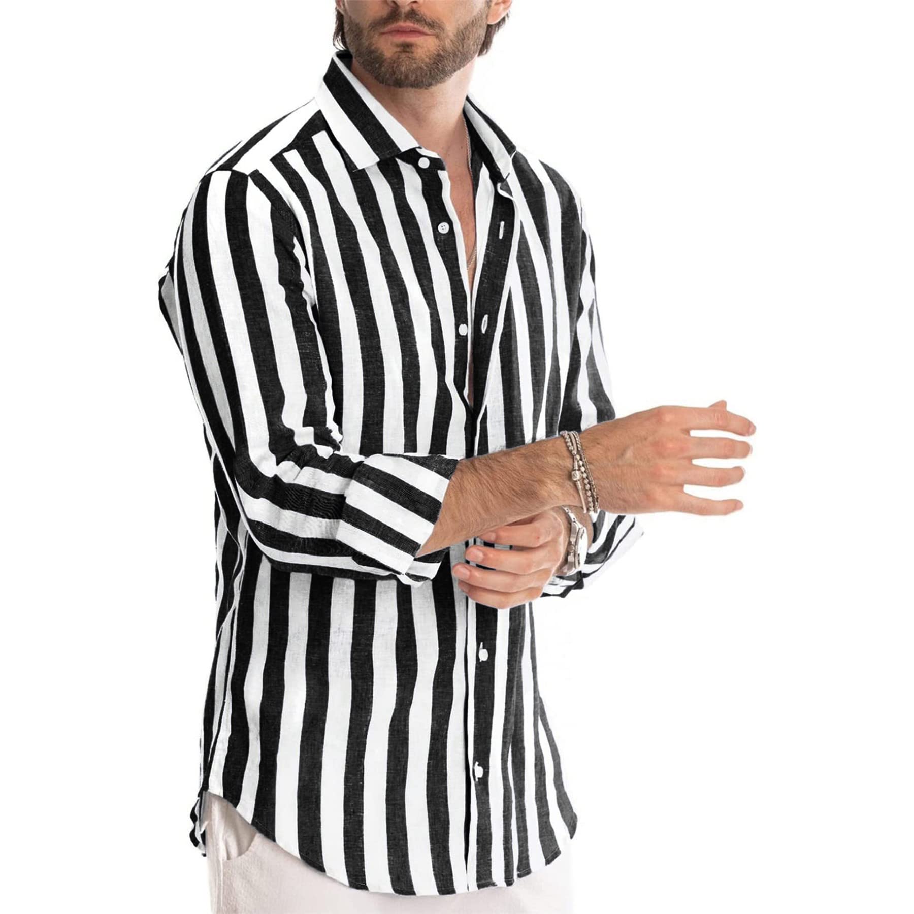 Men's Striped Casual Button Down Shirt - Long Sleeve Cotton Henley Dress Shirt for Beach, Office & Everyday Wear | Breathable & Comfortable