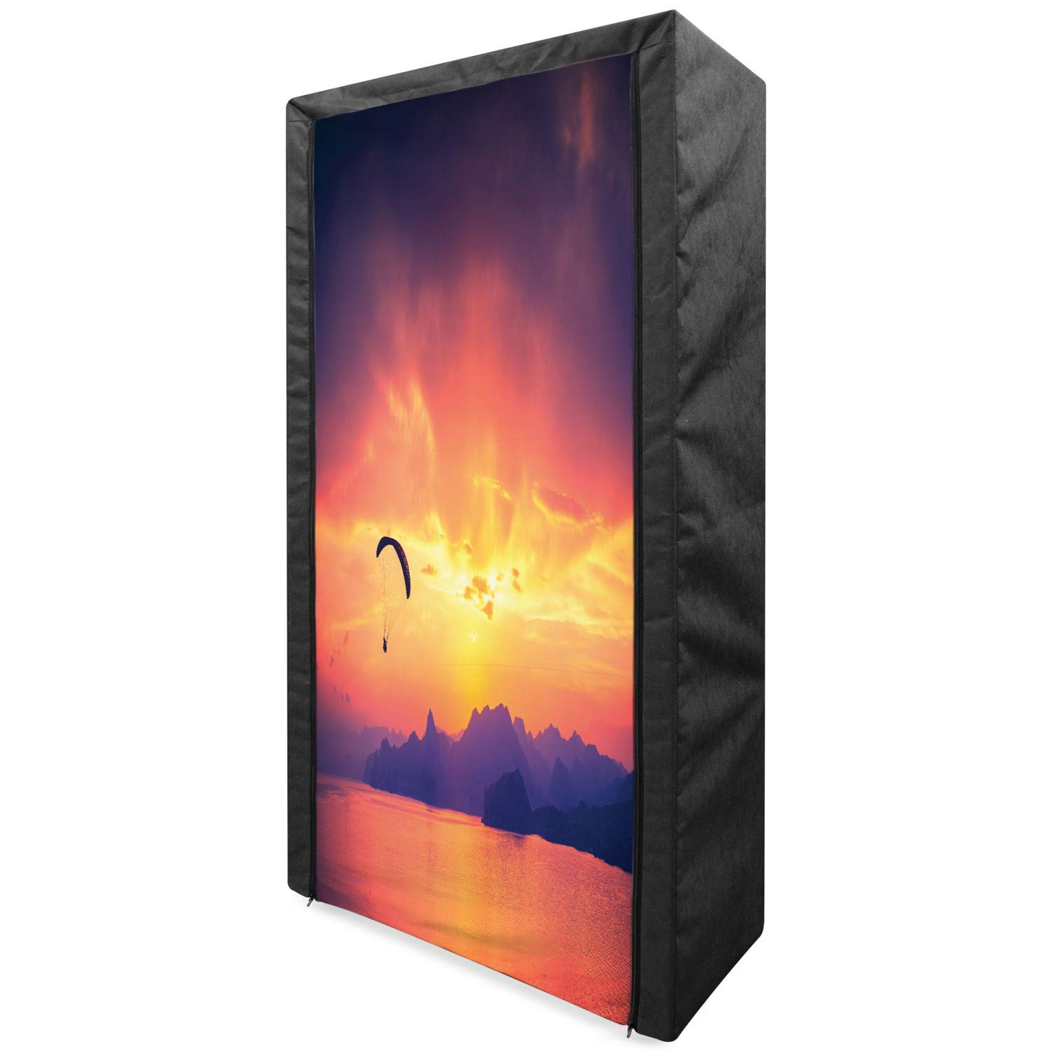 Ambesonne Portable Fabric Wardrobe with Shelves - Paragliding Sunset Ocean Design, 33.5