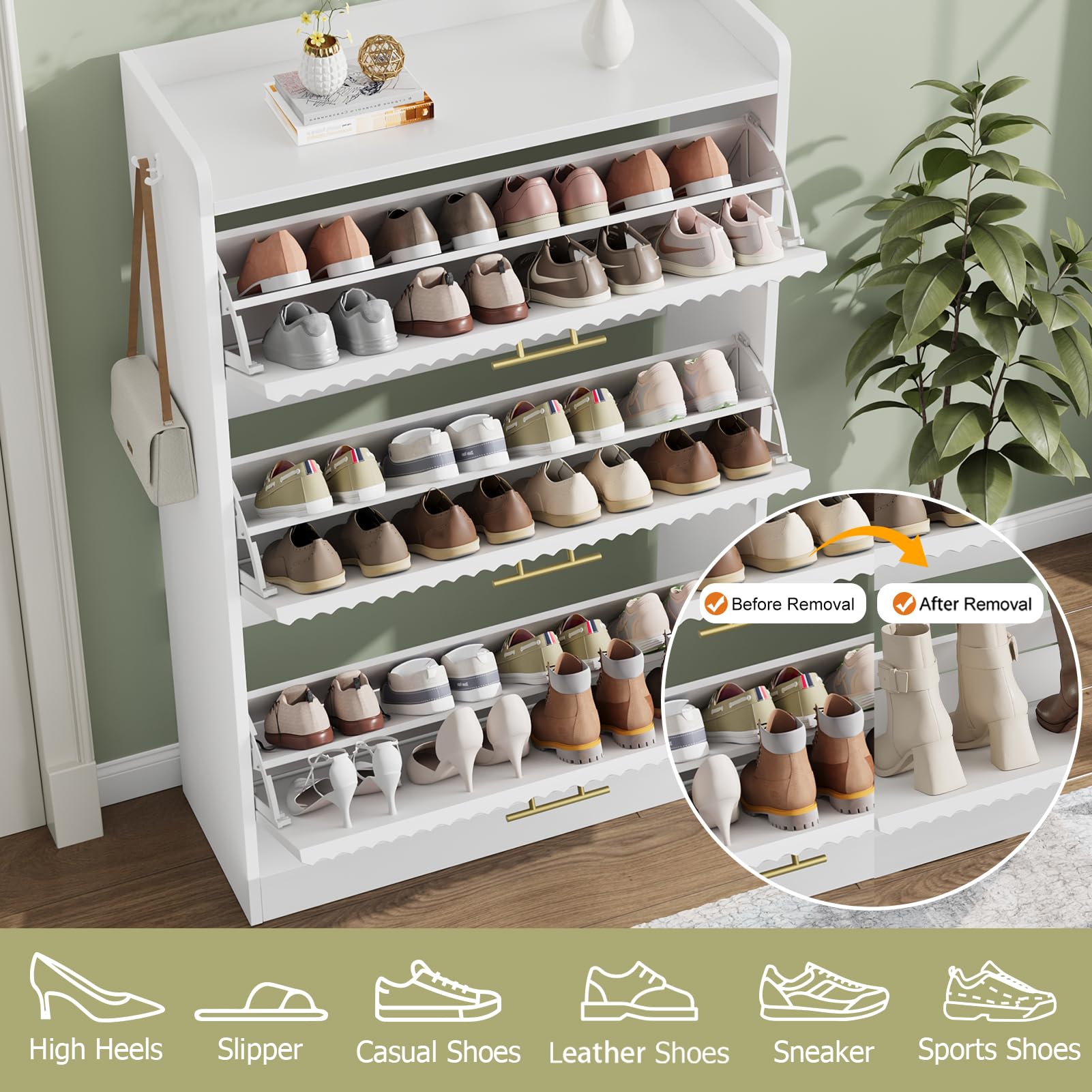 Modern Fluted Shoe Storage Cabinet with 3 Flip Drawers - Large Free Standing Shoe Organizer for Entryway, Foyer & Hallway - Hidden Shoe Rack for Home Organization (White) | Perfect for Small Spaces & Clutter-Free Living