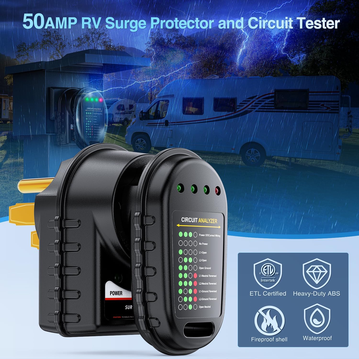 50Amp RV Surge Protector with Circuit Tester - Heavy Duty Power Protection for Campers & Motorhomes - Perfect for RV Parks and Outdoor Adventures
