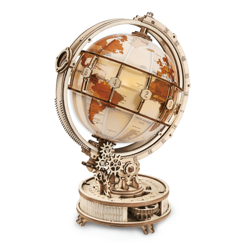 3D Wooden Illuminated Gold Globe - Decorative World Map for Home Office Decor, Gift & Night Light