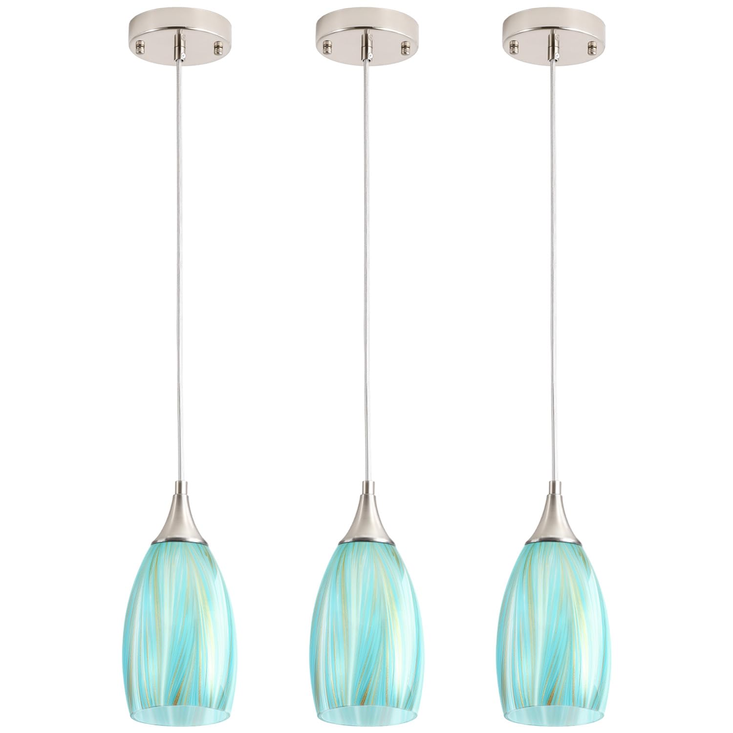 Sky Blue Serenity Adjustable Pendant Light Set of 3 - Handcrafted Ceramic Kitchen Island Lighting with Nylon Cord for Dining Room, Entryway, Bedroom (Bulbs Not Included) | Perfect for Modern Farmhouse, Coastal & Boho Home Decor