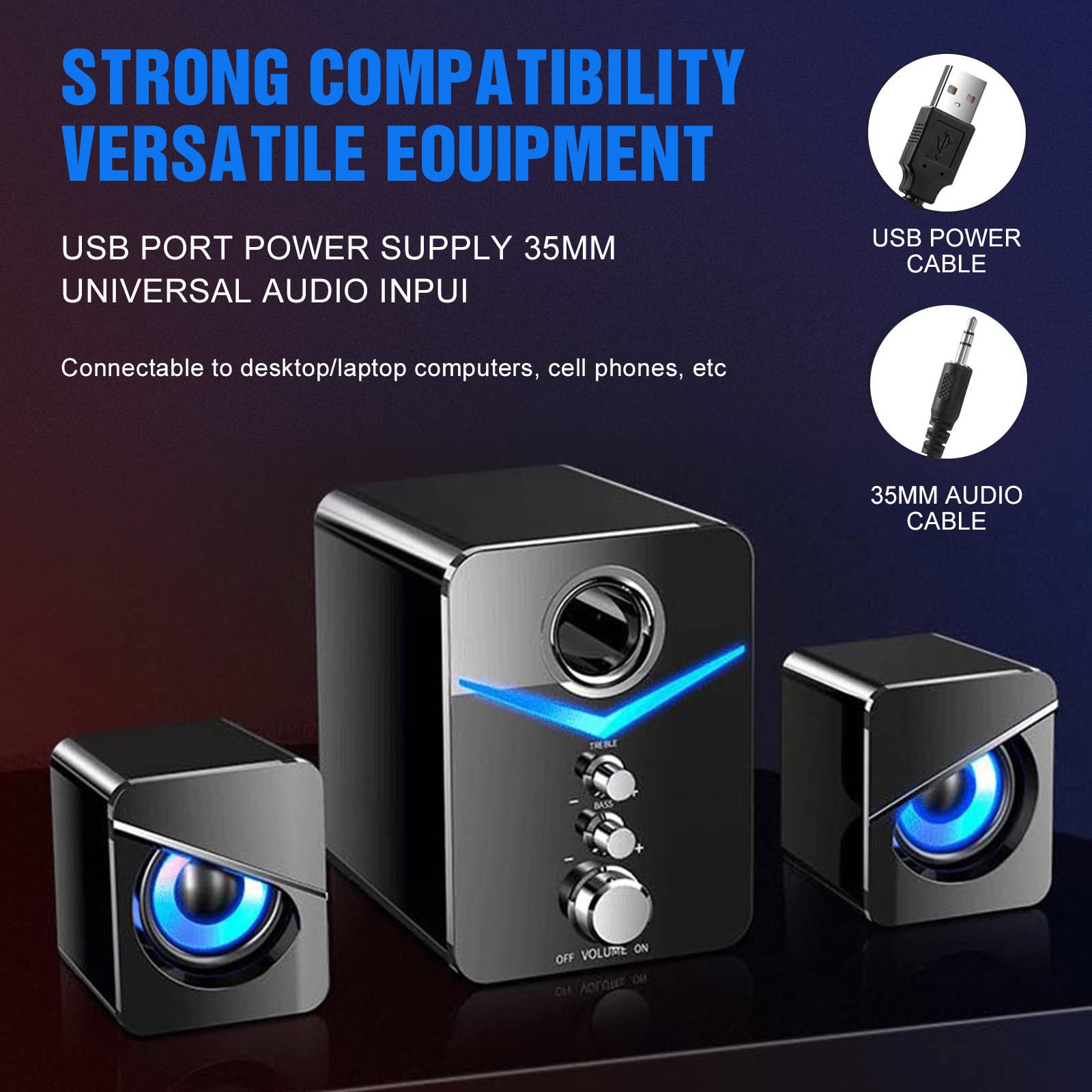 HEANTTV 2.1 Computer Speakers with Subwoofer, USB Powered & 3.5mm Aux Connection, LED Lights for Desktop, Laptop, Tablet - Perfect for Gaming, Music, and Home Office