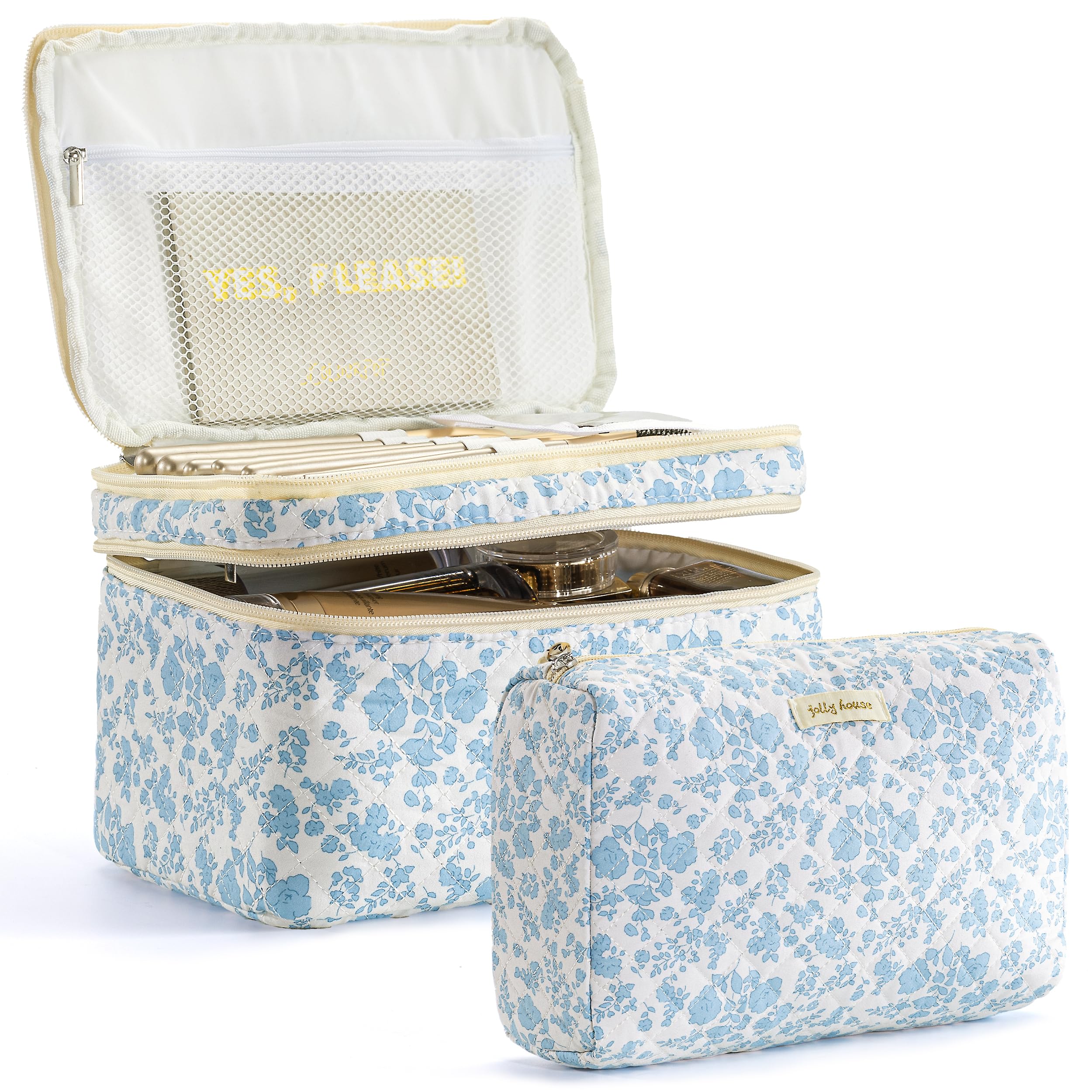 HBselect 2Pcs Double Layer Travel Makeup Bag for Women - Cotton Quilted Cosmetic Organizer with Cherry Print, Large Aesthetic Toiletry Bag for Girls (Perfect for Travel, Gym, and Daily Beauty Storage)