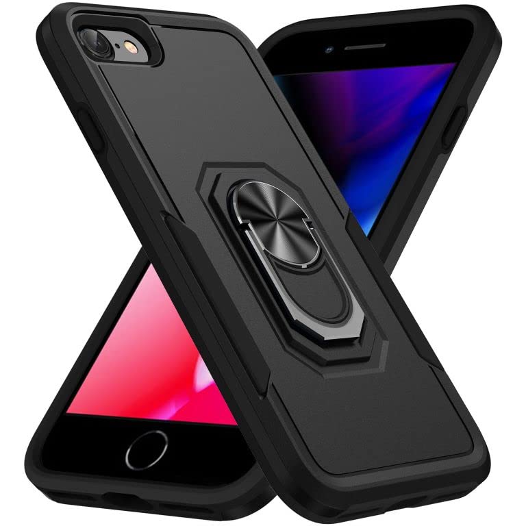 AFARER Shockproof iPhone SE 2022/SE 3 Case with Kickstand & Magnetic Ring - Military Grade Protection for iPhone 7/8/SE (3rd Gen) - Black | Perfect for Car Mounting, Outdoor Adventures & Daily Use