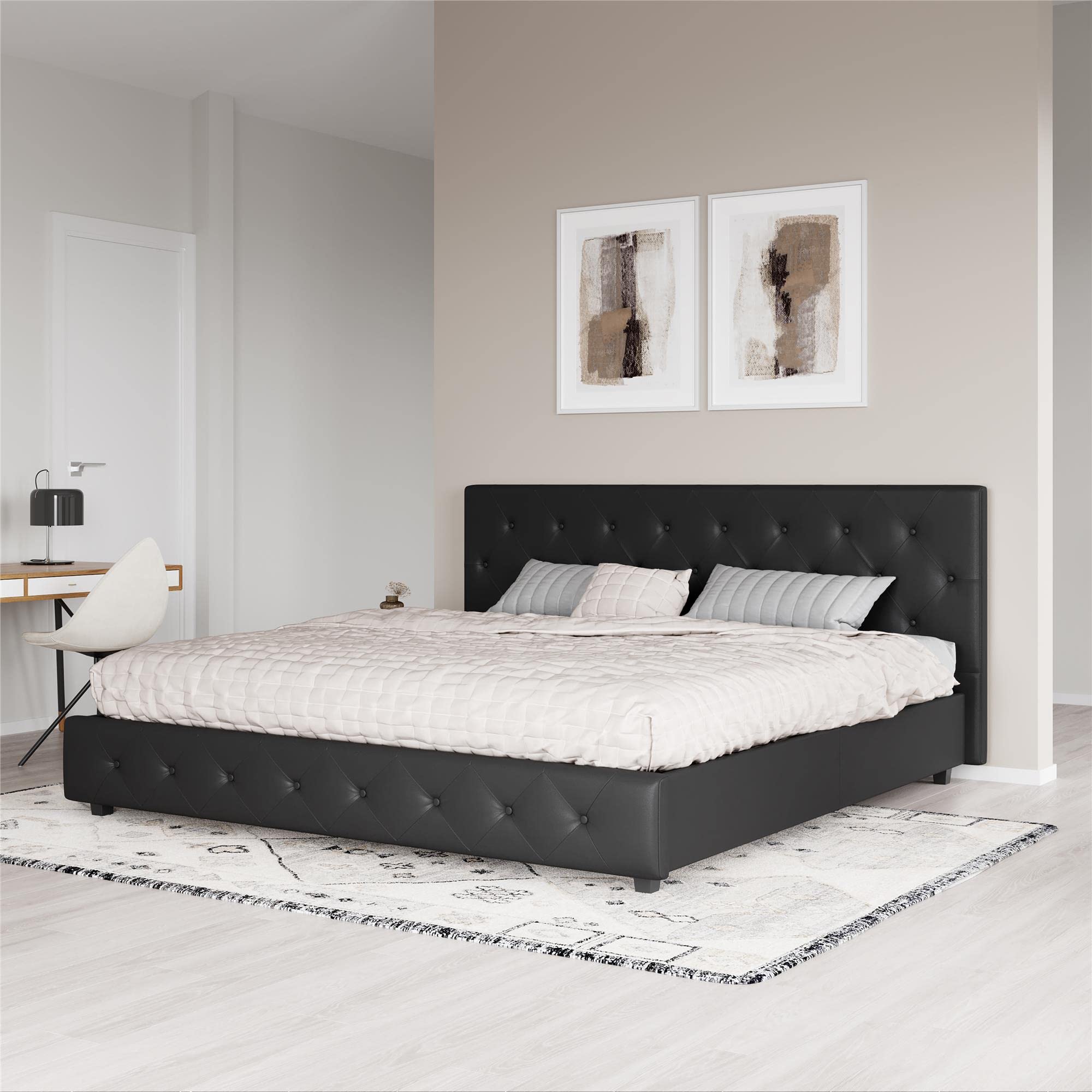 DHP Dakota King Size Upholstered Platform Bed with Diamond Button Tufted Headboard & Footboard - No Box Spring Needed - Black Faux Leather Bed Frame for Master Bedroom, Guest Room & Modern Home Decor