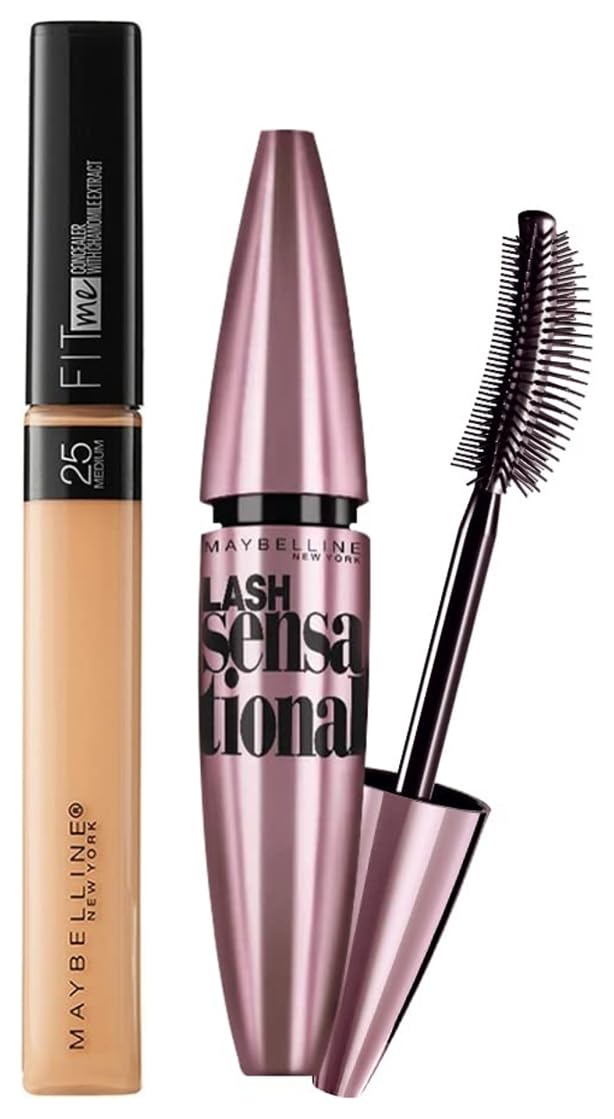 Maybelline New York Fit Me Concealer 25 Medium (6.8ml) & Lash Sensational Waterproof Mascara in Black (10ml) - Flawless Coverage & Voluminous Lashes for Everyday Makeup & Special Occasions