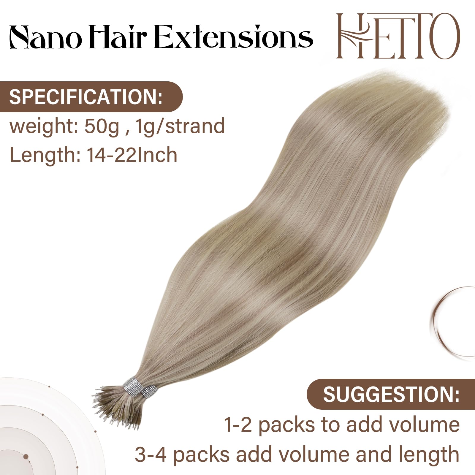 Hetto Nano Bead Hair Extensions 100% Human Hair - Blonde Nano Ring Extensions (Highlight Ash to Bleach Blonde) 14 Inch 50g for Short Hair - Perfect for Volume, Length & Styling for Parties, Weddings & Daily Wear