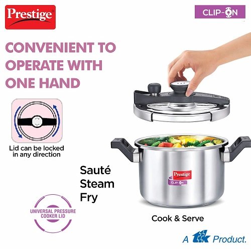 Prestige Svachh 5L Stainless Steel Clip-On Pressure Cooker with Glass Lid - Perfect for Quick Cooking, Indian Meals & Healthy Recipes