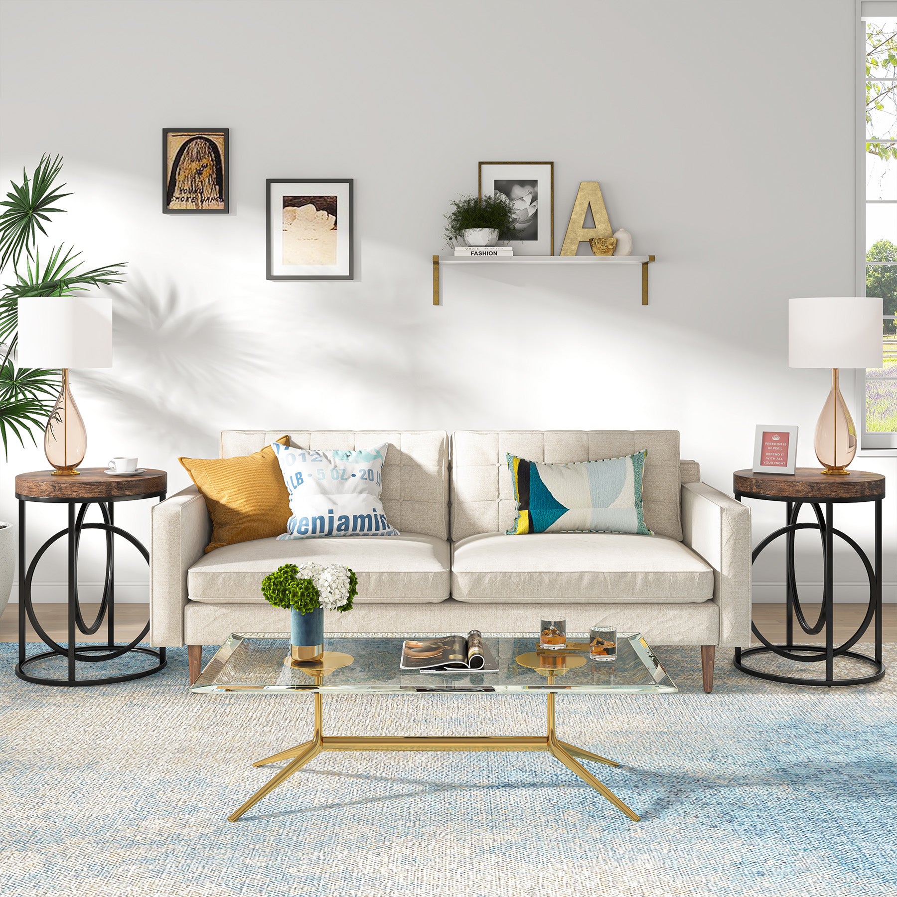 Modern Round End Table with Faux Marble Top - Stylish Sofa Side Table for Living Room, Bedroom & Office Decor