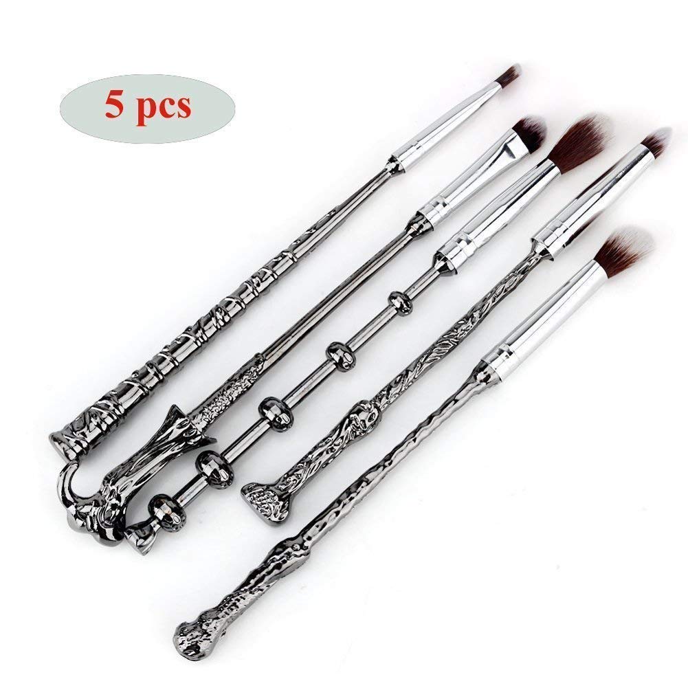 Harry Potter Makeup Brush Set - 5 Piece Magic Wand Brushes for Foundation, Eyeshadow, Eyeliner & Lip Makeup | Includes Golden Snitch Necklace | Perfect for Cosplay, Halloween & Potter-Themed Parties