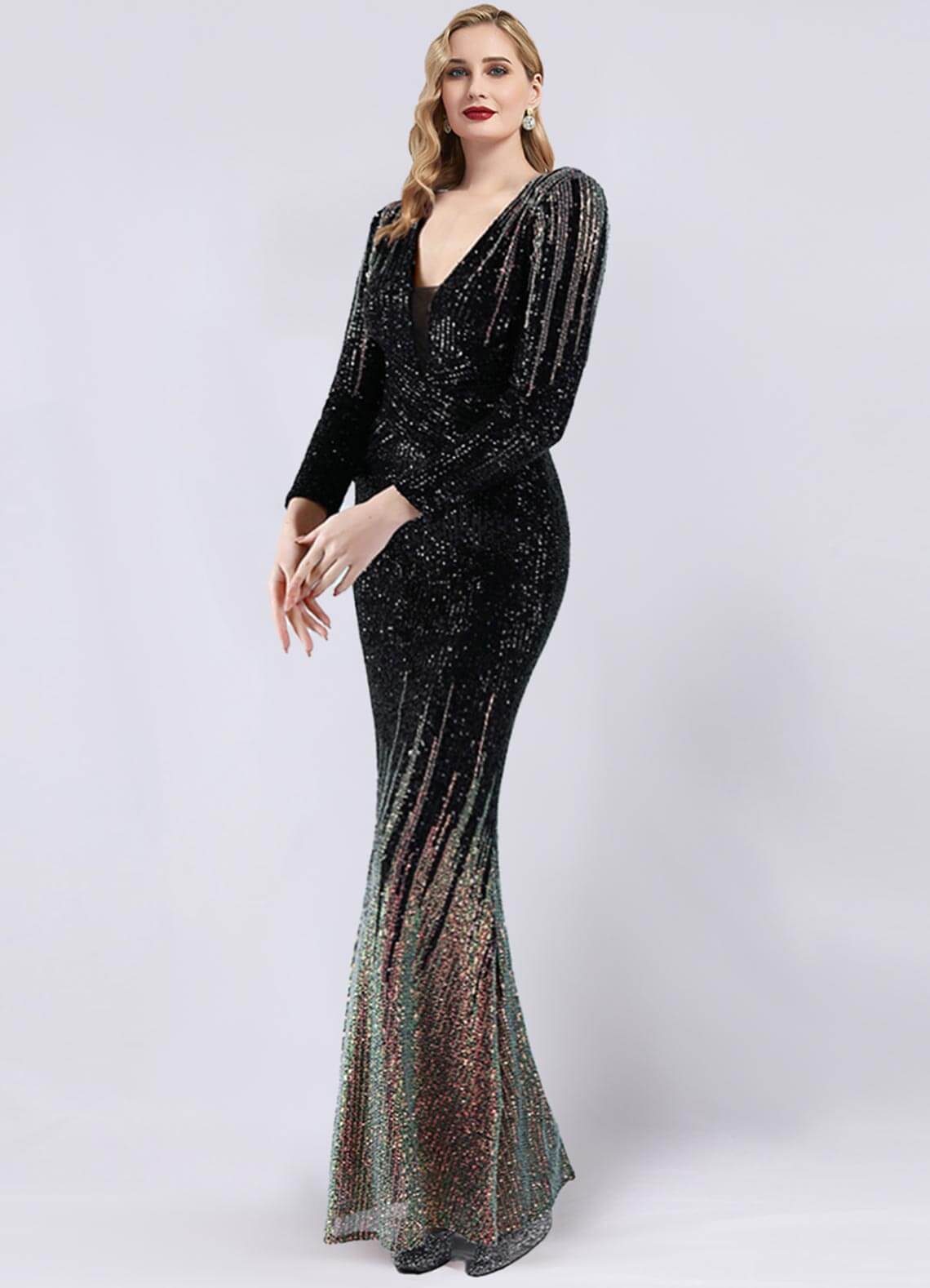 Elegant Black Sequin Long Sleeve V-Neck Floor Length Formal Evening Gown for Women - Perfect for Prom, Gala, Wedding & Special Occasions