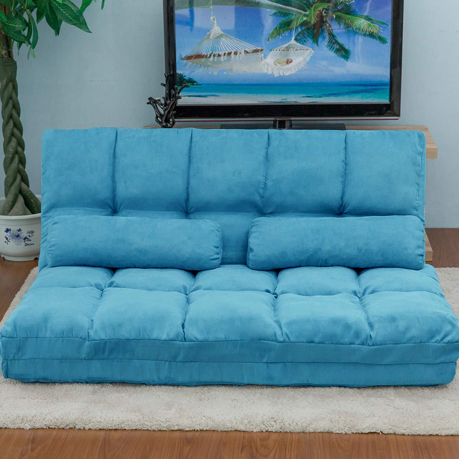 Danxee Double Chaise Lounge Sofa Chair - Floor Couch with 2 Pillows for Living Room, Bedroom & Patio - Modern Comfortable Seating Furniture (Blue)