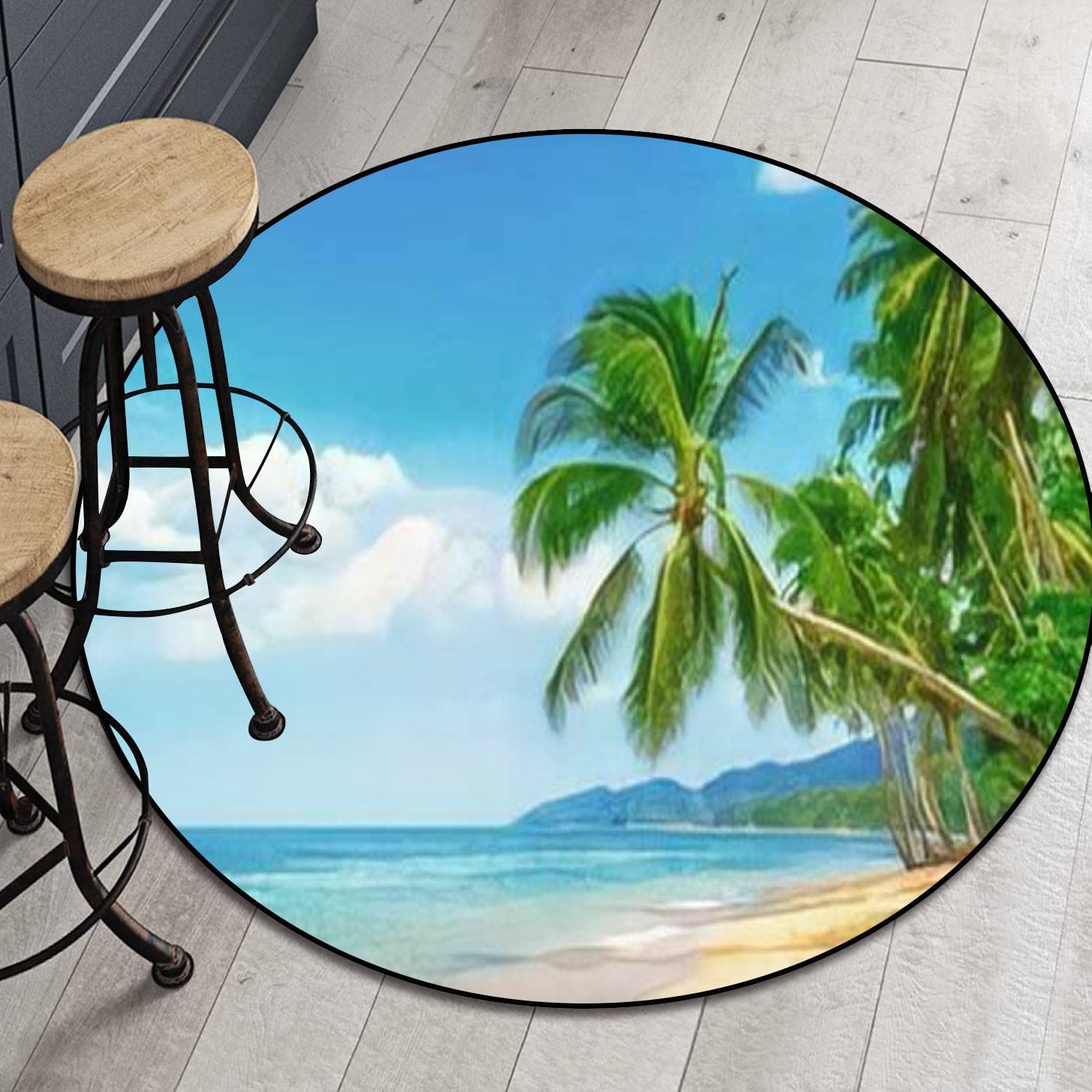 Non-Slip Thickened Round Area Rug with Tropical Beach Design - Soft Indoor/Outdoor Carpet for Bedroom, Office, Living Room | Perfect Vacation Decor & Floor Mat for Home, Patio, or Dorm