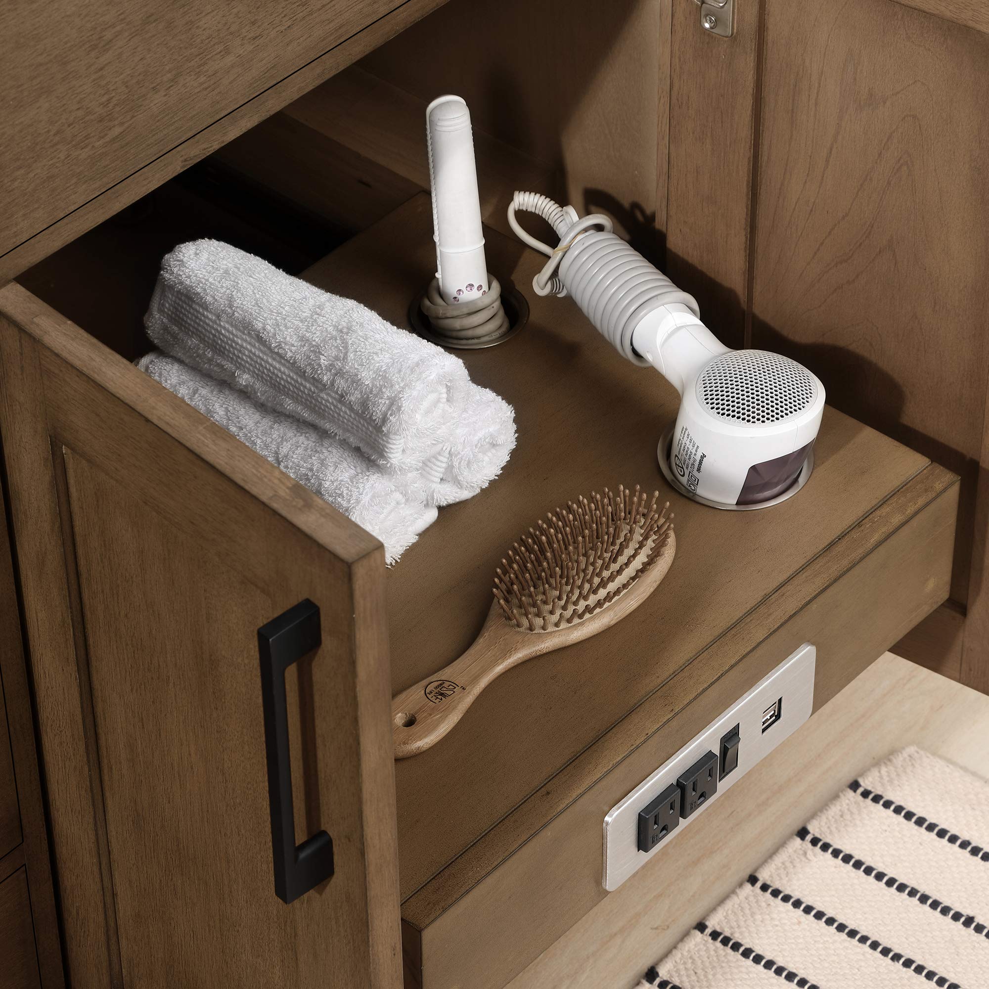 Ove Decors Maya Plus 60-Inch Double Sink Bathroom Vanity in Almond Latte Finish with Black Hardware & Power Bar - Modern Bathroom Storage Solution for Master Bath & Guest Bath Remodel