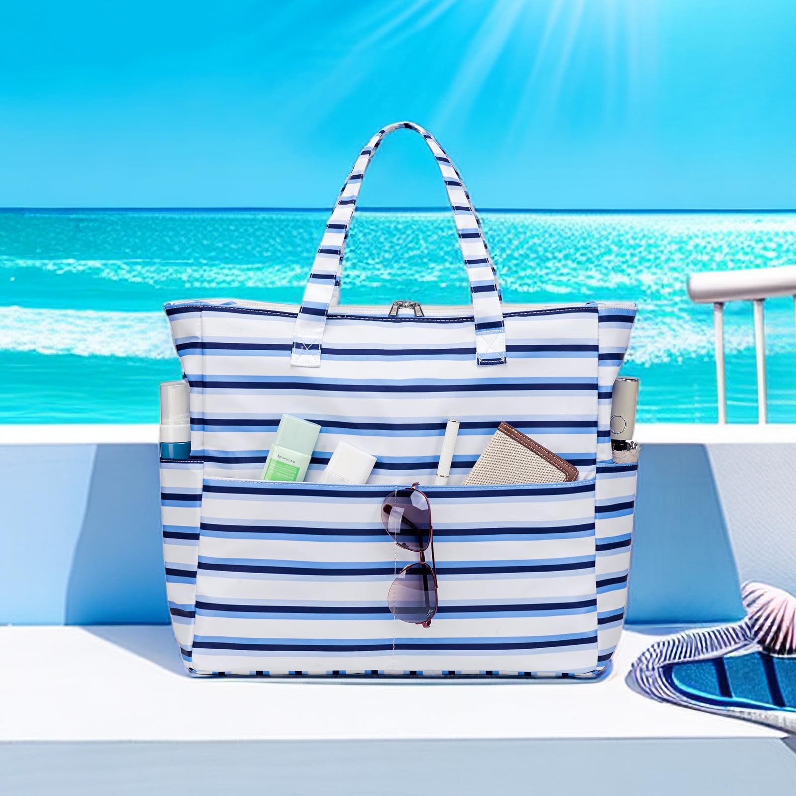 Waterproof Large Beach Tote Bag for Women - Sandproof Zippered Pool & Gym Bag with Wet Pocket - Perfect for Travel, Grocery Shopping & Beach Day Essentials