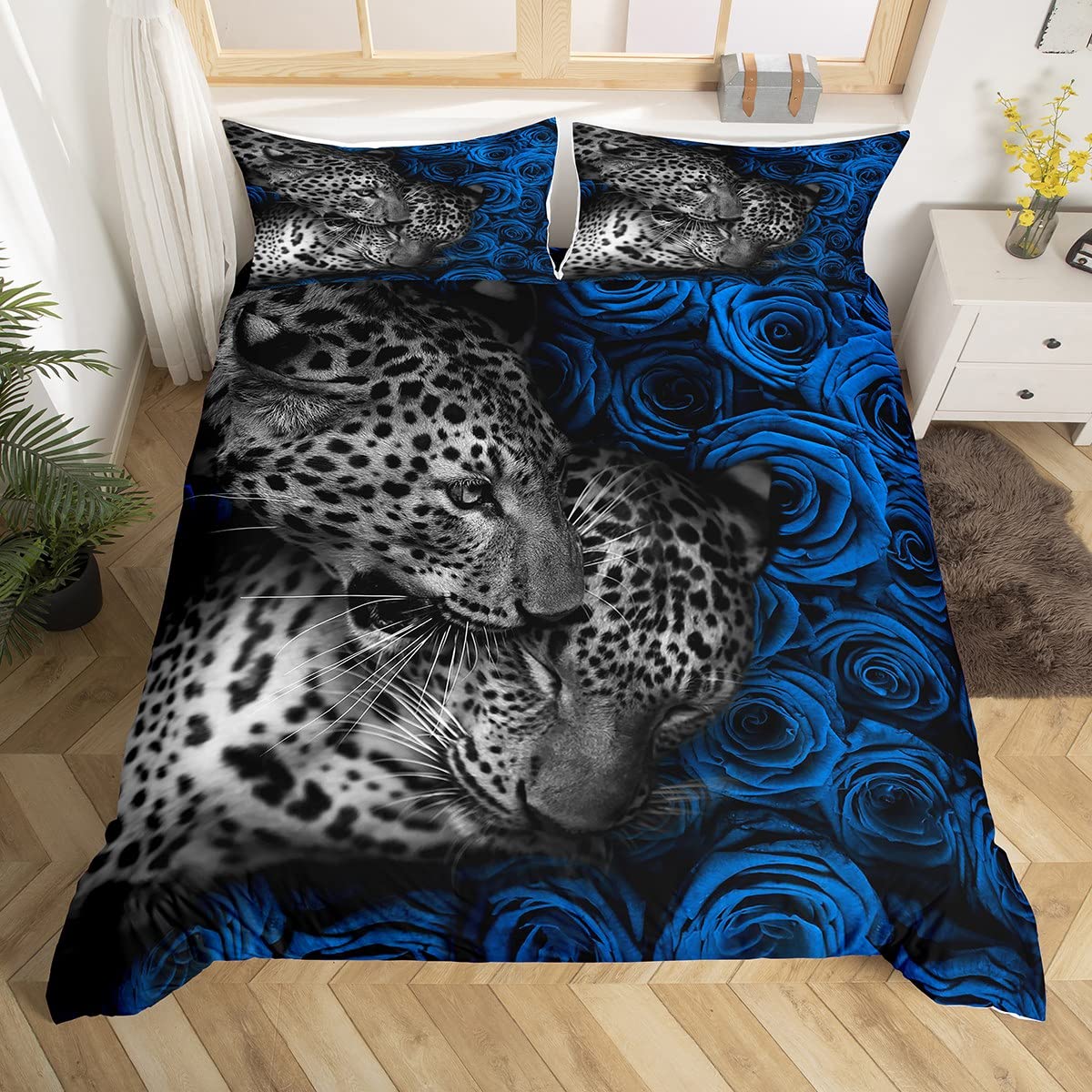 Leopard Print Queen Size Duvet Cover Set - Blue Rose Floral Design, Soft Microfiber Bedding with 2 Pillowcases | Wild African Animal Theme for Kids Bedroom, Christmas Gift & Home Decor | Perfect for Guest Rooms, Teen Bedrooms & Safari-Themed Decor