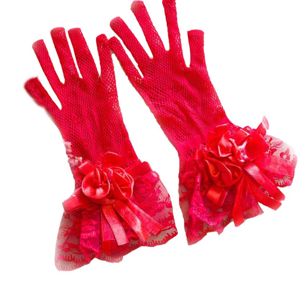 Bridal Lace Gloves with Crystals - Wedding Accessory (Red) for Bride & Photoshoot
