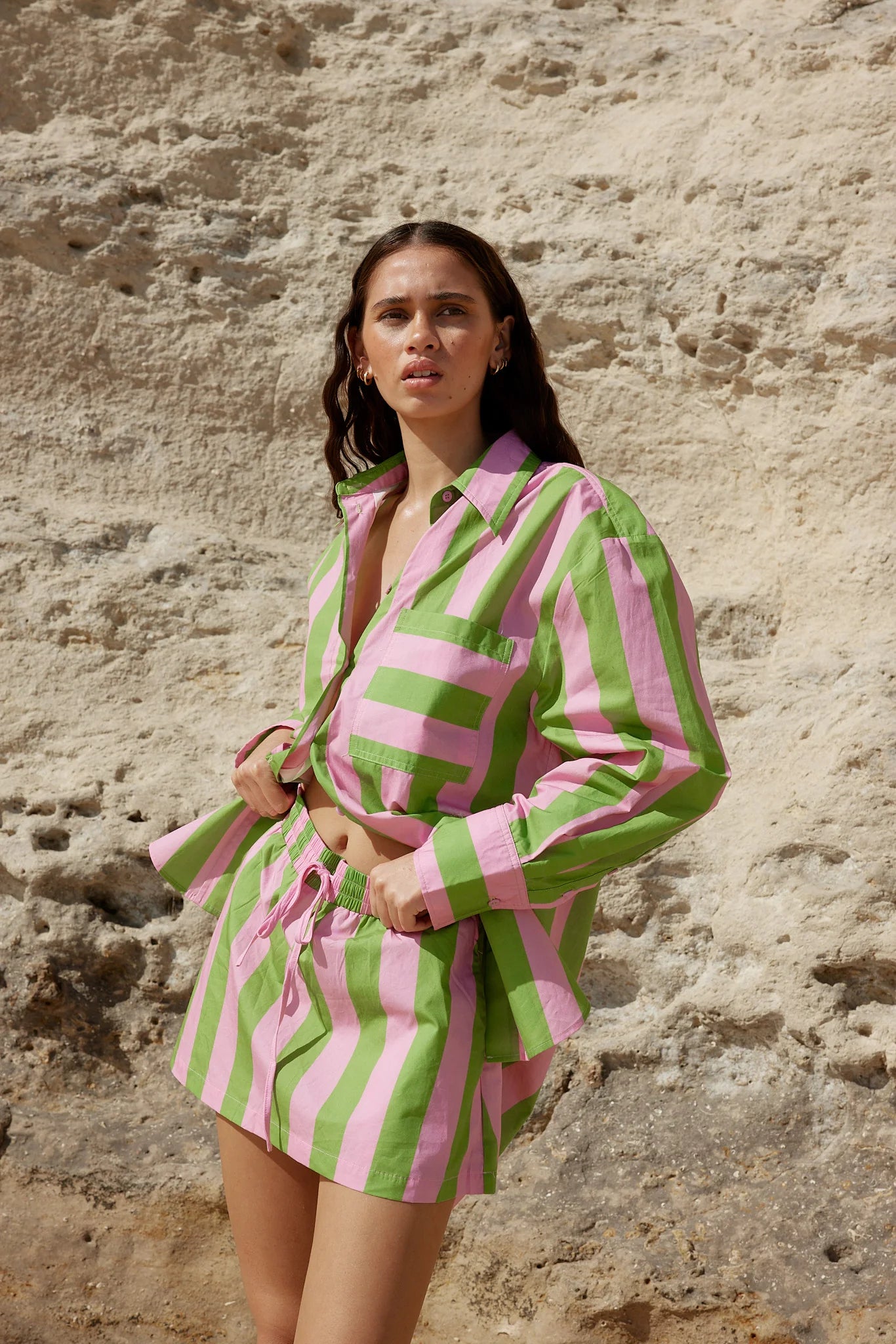 Buddy Shirt in Seagrass/Salmon Stripe - Comfortable Casual Wear for Men & Women - Perfect for Beach Outings, Summer Parties and Everyday Style