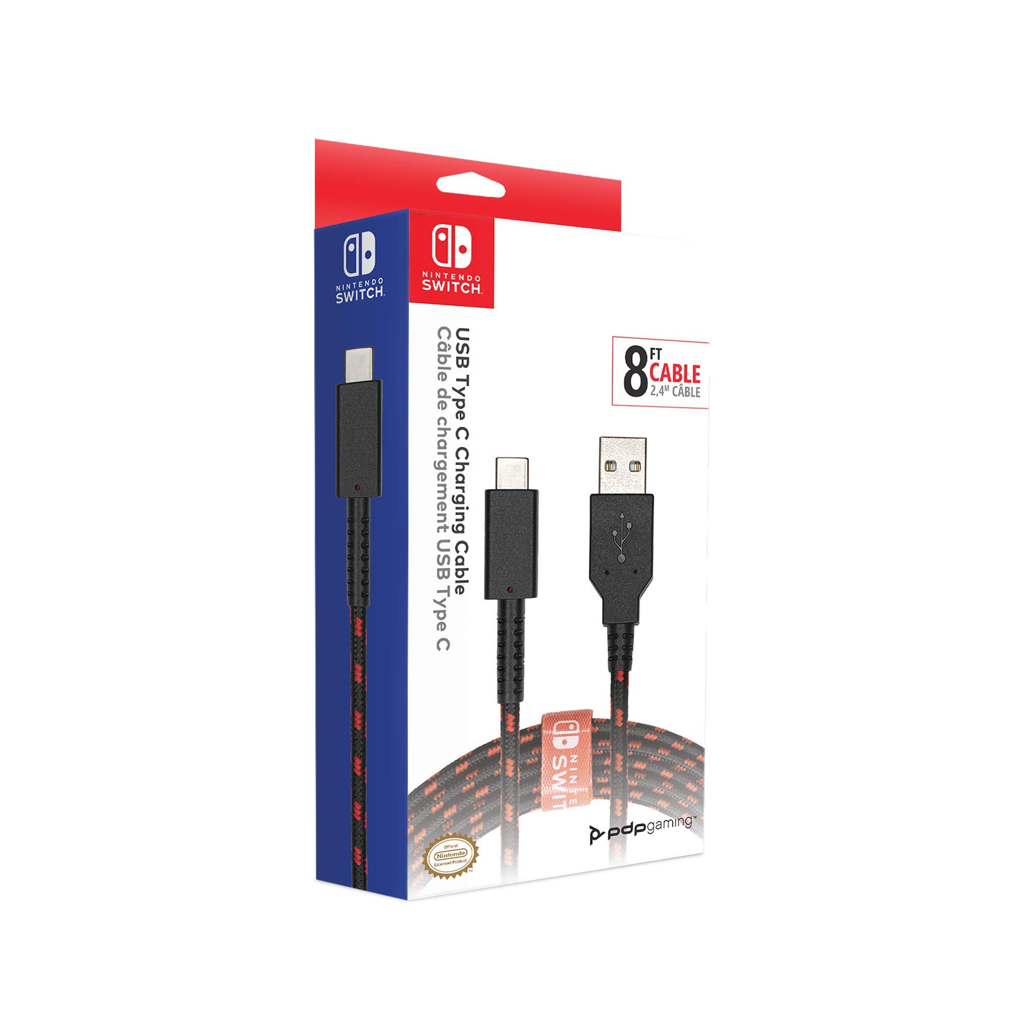 PDP Gaming Charge Cable - 8ft USB C Fast Charging Cord for Nintendo Switch, Android Phones & Tablets - Durable Black/Red Braided Cable for Gaming & Travel