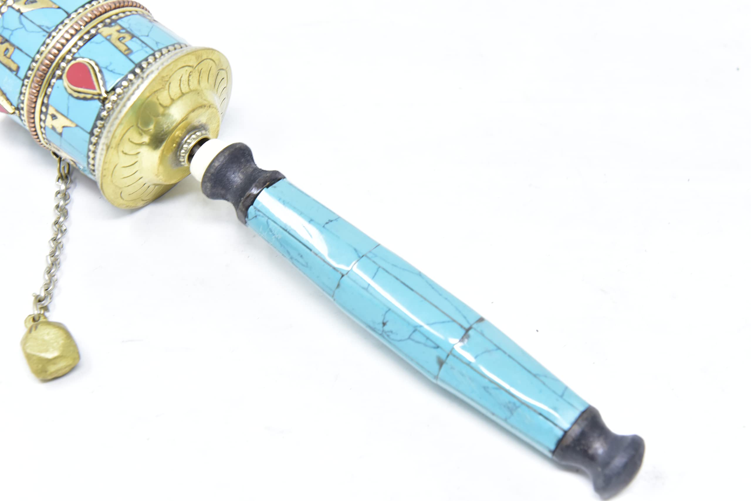 Authentic Tibetan Buddhist Prayer Wheel with Turquoise Coral - Handcrafted Spiritual Meditation Tool for Home Altar & Yoga Practice
