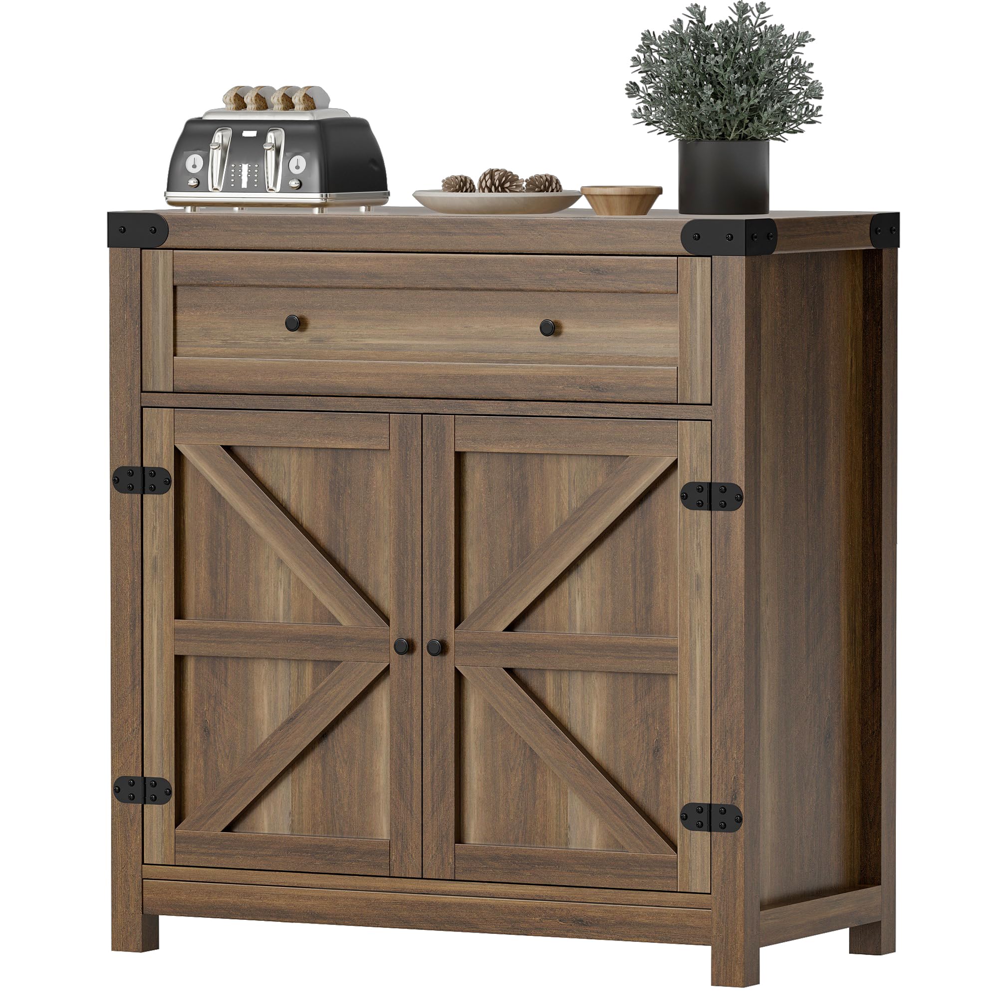Flamaker Rustic Sideboard Buffet Cabinet with Storage - Farmhouse Coffee Bar Cabinet with 1 Drawer & 2 Barn Doors - Kitchen, Dining Room, Entryway Storage Solution - Perfect for Entertaining, Displaying Decor & Organizing Dishes (Brown)