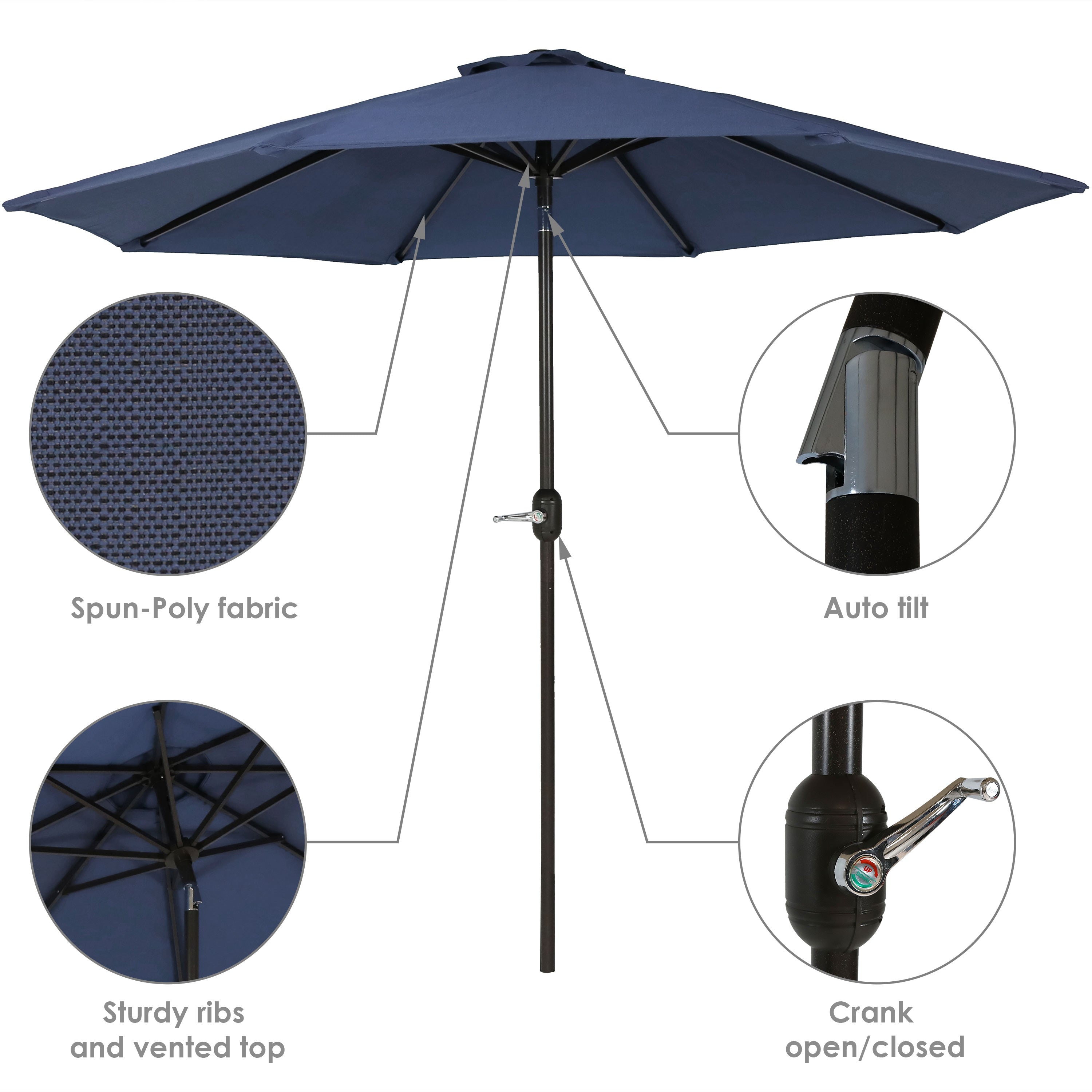 Sunnydaze 9-Foot Aluminum Spun Poly Market Umbrella with Tilt & Crank - Navy Blue Outdoor Patio Umbrella for Garden, Poolside, and Restaurant Use