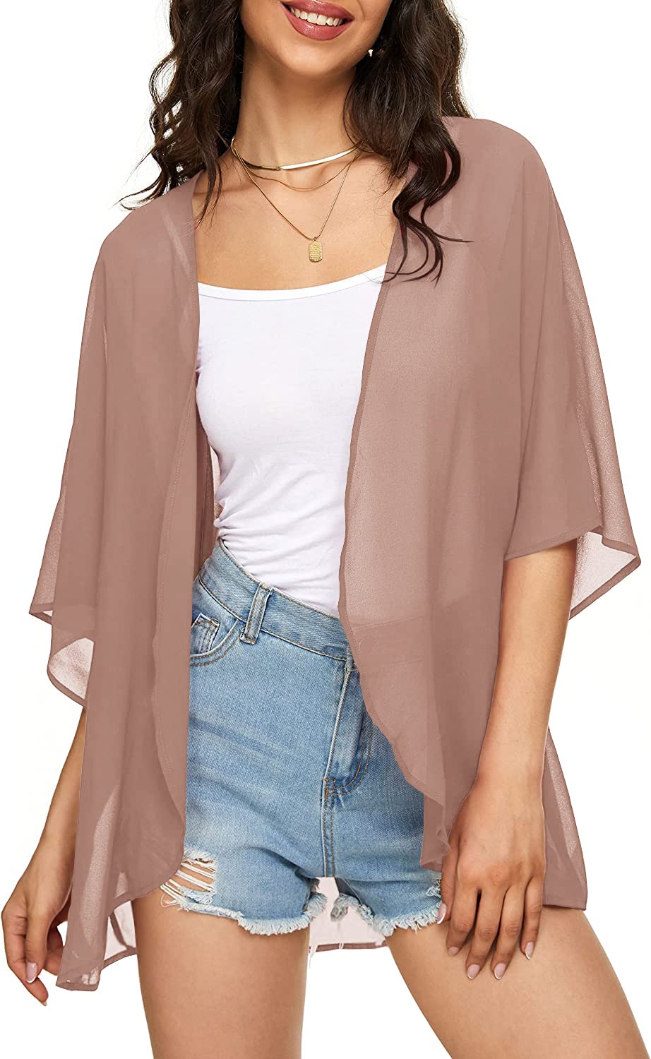 Women's Solid Color Puff Sleeve Kimono Cardigan - Lightweight Chiffon Cover Up Blouse for Casual Wear | Perfect for Beach, Summer Outfits & Boho Style
