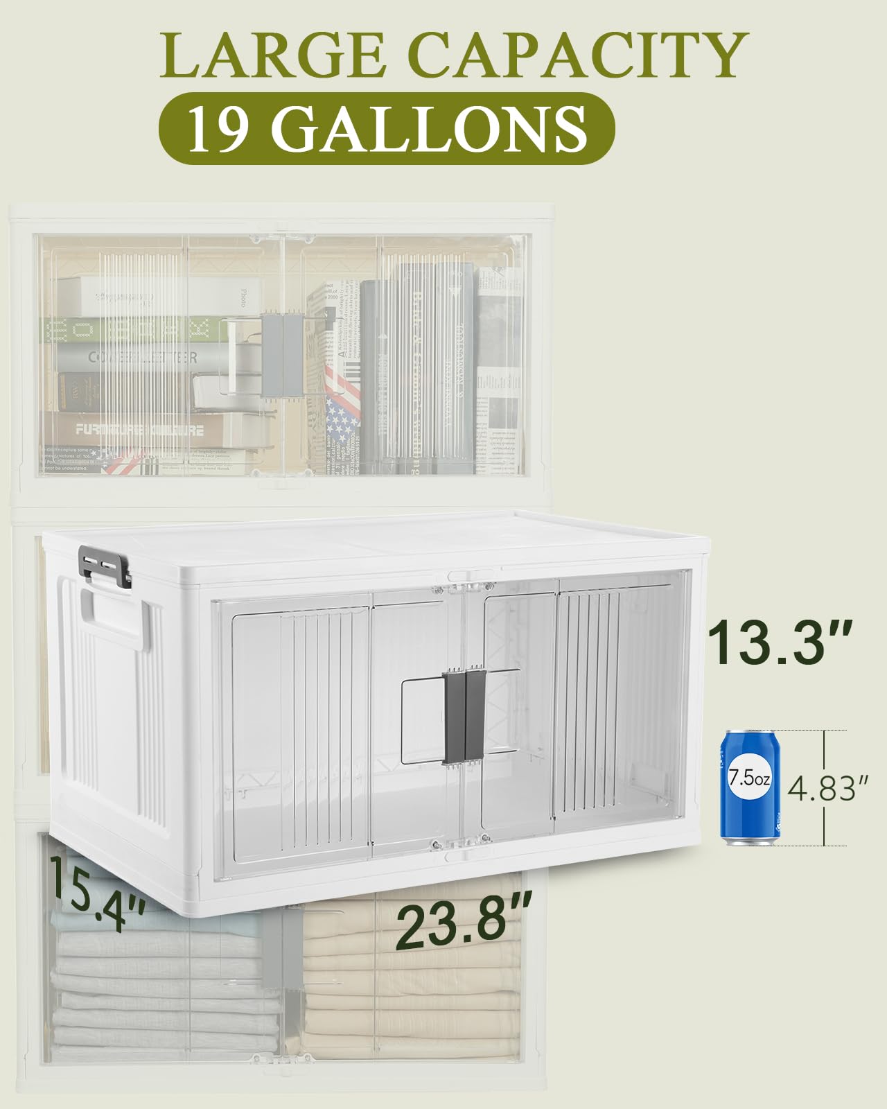 OlarHike 76QT Stackable Storage Bins with Lids - Foldable Organizer Boxes with Doors & Wheels, Collapsible Plastic Storage Containers for Closet, Home, Garage & Office Organization (Set of 3)