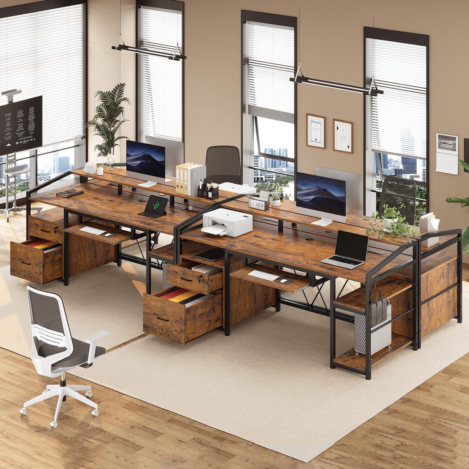 SEDETA 63 Inch Rustic Brown Computer Desk with LED Lights & Power Outlet - Home Office Desk with Lockable File Drawers for Legal/Letter Size, Gaming Desk for PC Setup - Perfect for Small Spaces, Work from Home & Gaming Stations