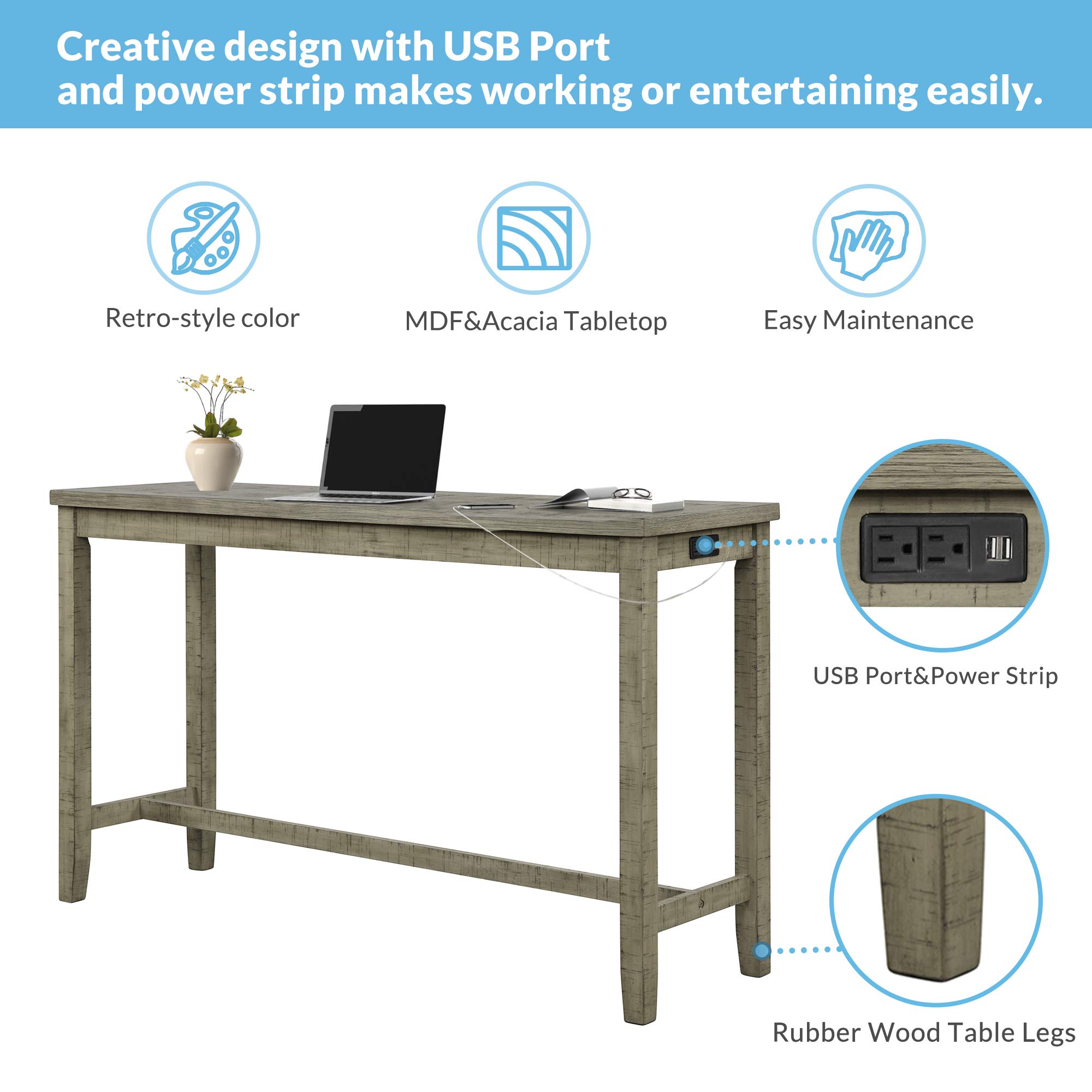 4-Piece Rustic Counter Height Table Set with Fabric Padded Stools, Multi-Purpose Bar Dining Table with Built-in Charging, Perfect for Kitchen, Living Room, and Small Spaces